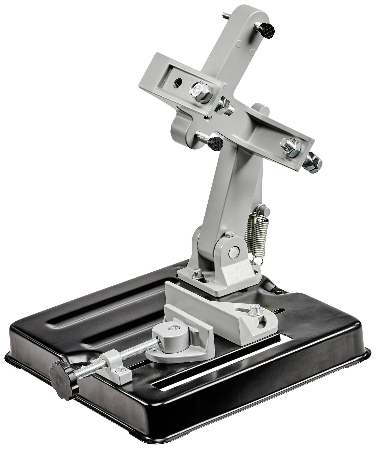 Halterung für eine Schneidemaschine: Graue, verstellbare Metallhalterung auf schwarzem Sockel, für stabile und präzise Schnitte.