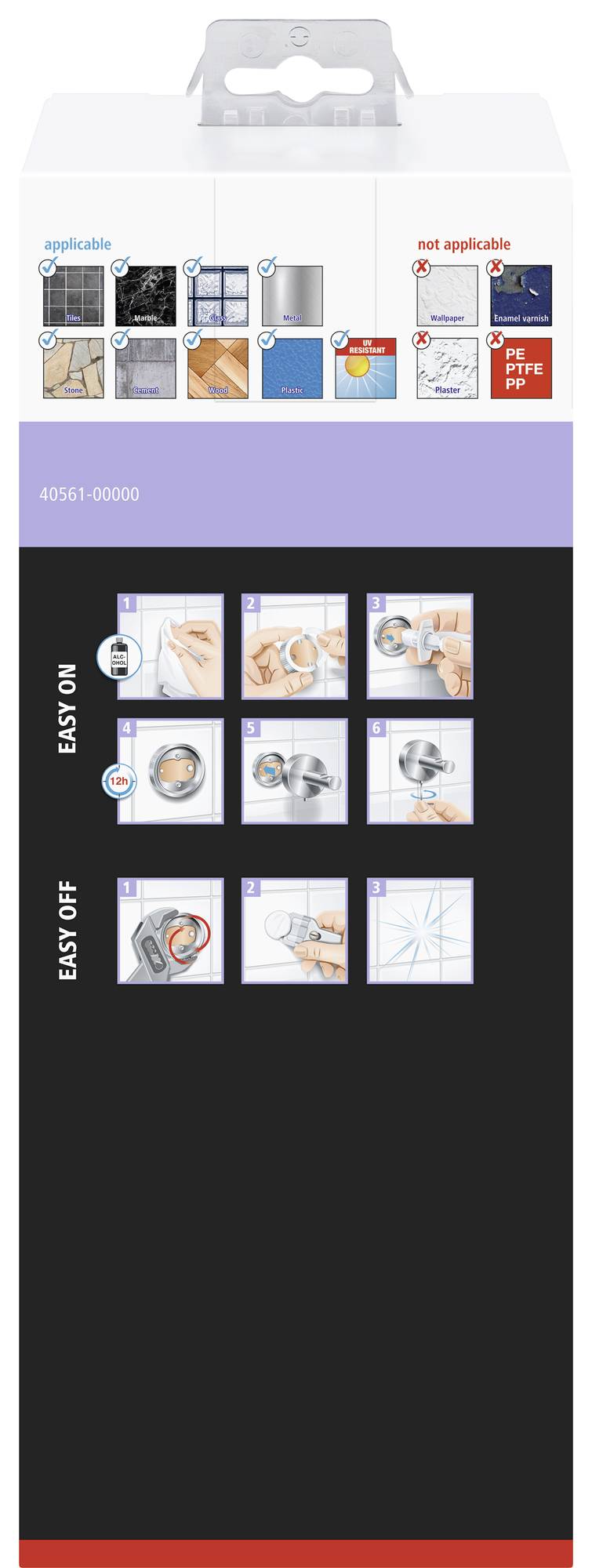 Verpackungsanleitung für Klebehaken zeigt schematisch die Anwendung: Oberfläche reinigen, Schutzpapier entfernen, aufkleben und warten.