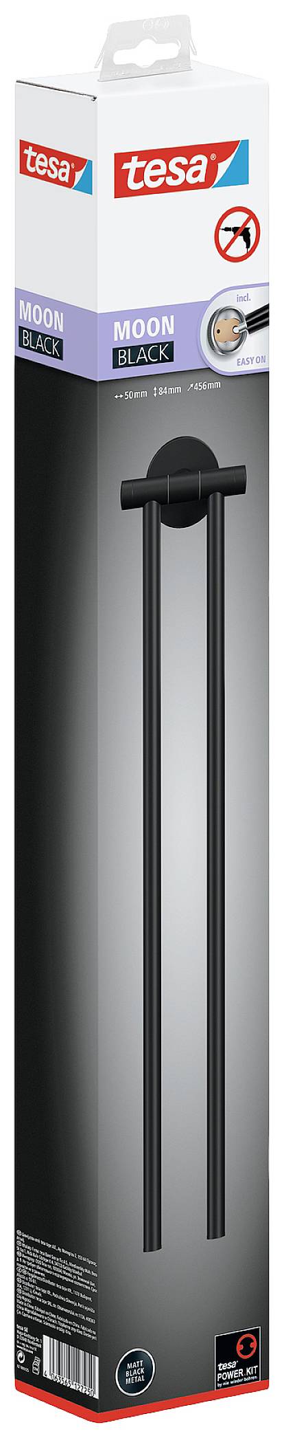 Verpackung einer schwarzen Handtuchstange von Tesa; zeigt das Produkt und das Logo der Marke auf einem grauen Hintergrund.