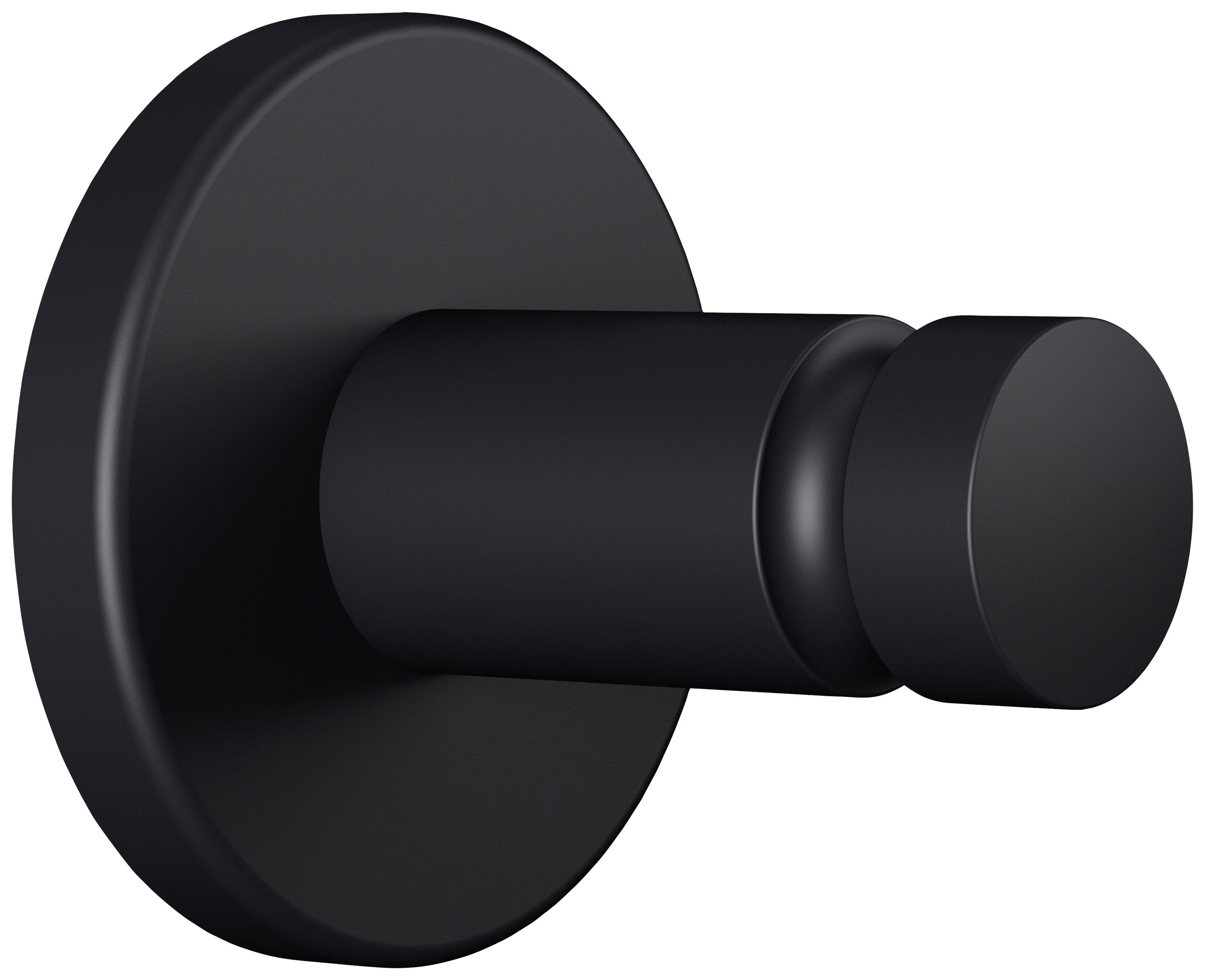 Eine schwarze, runde Wandhakenhalterung aus Metall mit einem zylindrischen Haken.