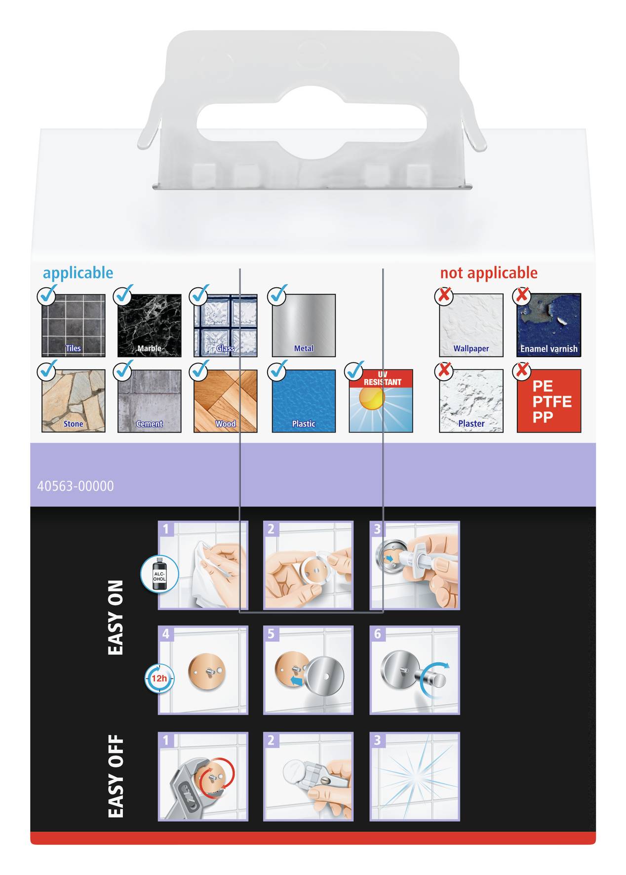Diese Anleitung zeigt, wie man einen Haken an Fliesen, Stein oder Glas anbringt und entfernt. Nicht geeignet für Tapeten und Putz.