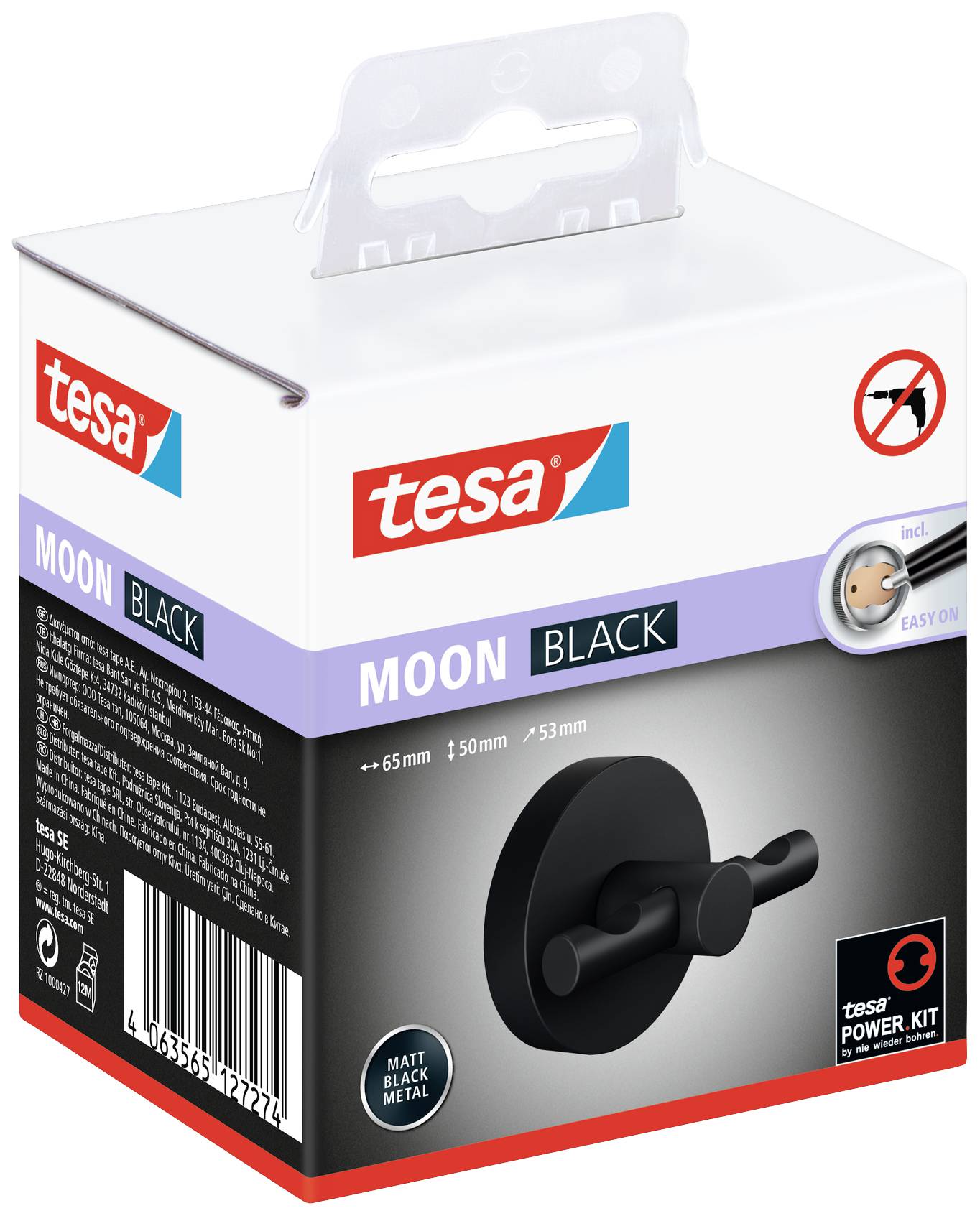 Schwarzer Türhaken 'Moon Black' von tesa, montierbar ohne Bohren. Matte Oberfläche, 65mm Durchmesser. Verpackung zeigt Produktbild.