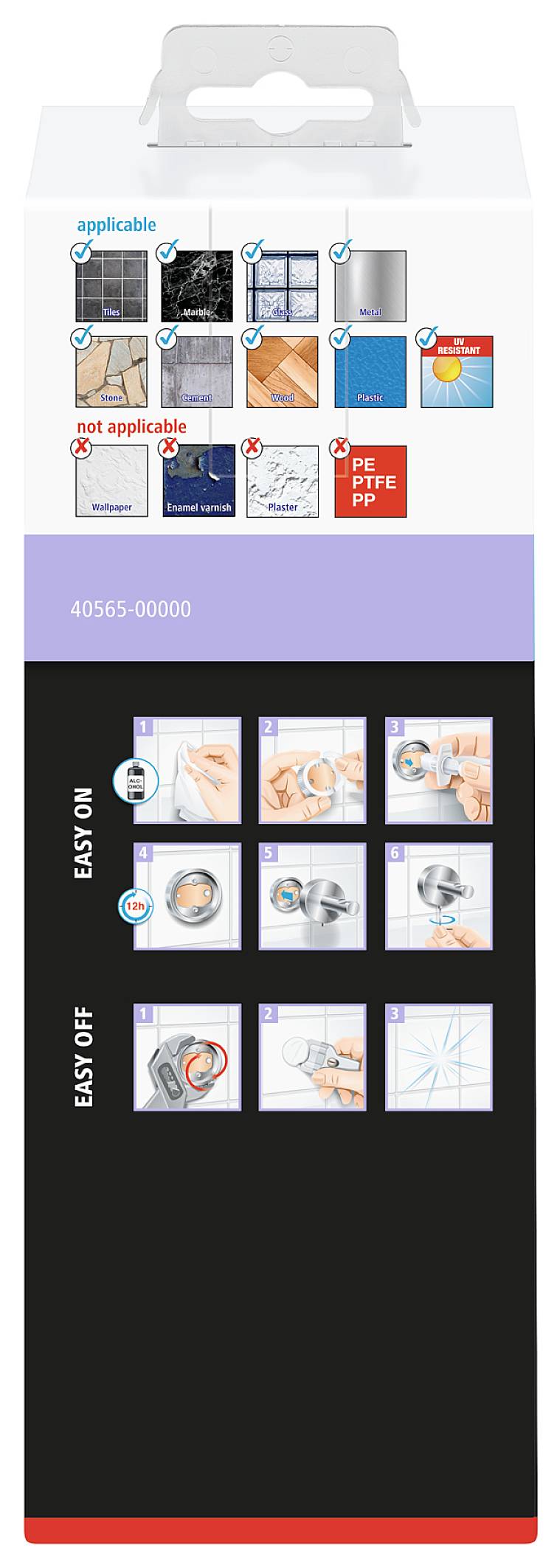 Verpackung mit Symbolen zur Anwendung auf Oberflächen. Oben geeignet 'applicable': Fliesen, Glas, Spiegel; nicht 'not applicable': Tapete, Putz. Unten Anleitung zur einfachen Anbringung und Entfernung.