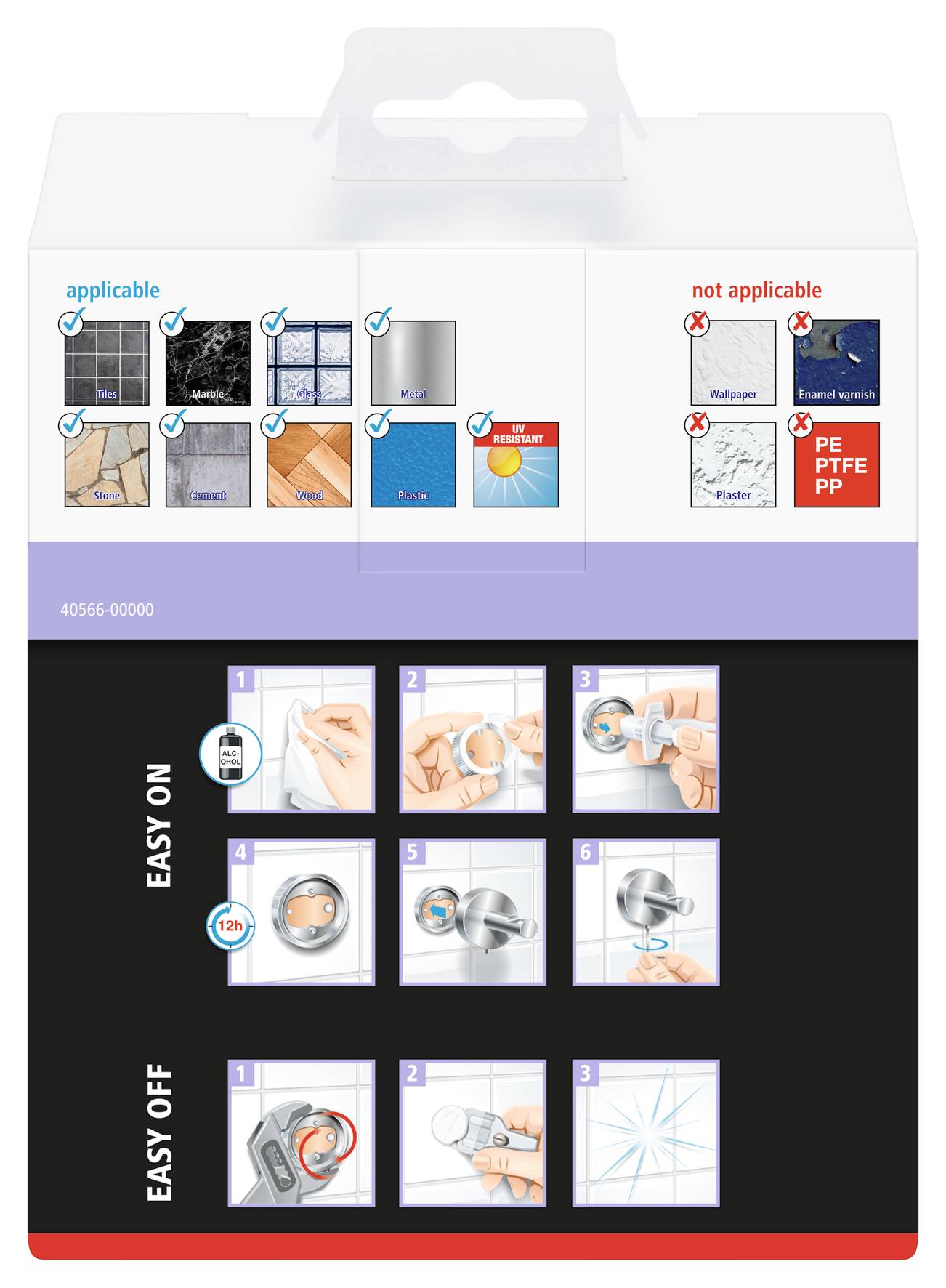 'Easy On': Schritte zum Anbringen des Hakens. 'Easy Off': Schritte zum Entfernen. Geeignet für einige Oberflächen, nicht geeignet für andere.