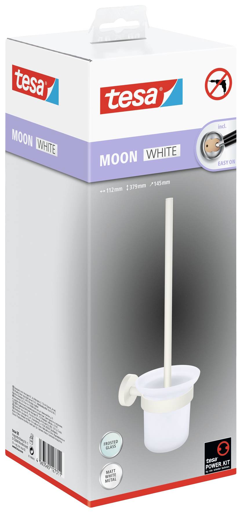 Verpackung eines Toilettenbürsten-Sets von Tesa, Modell 'Moon White', inklusive Halterung und Klebesystem, geeignet für einfache Montage.