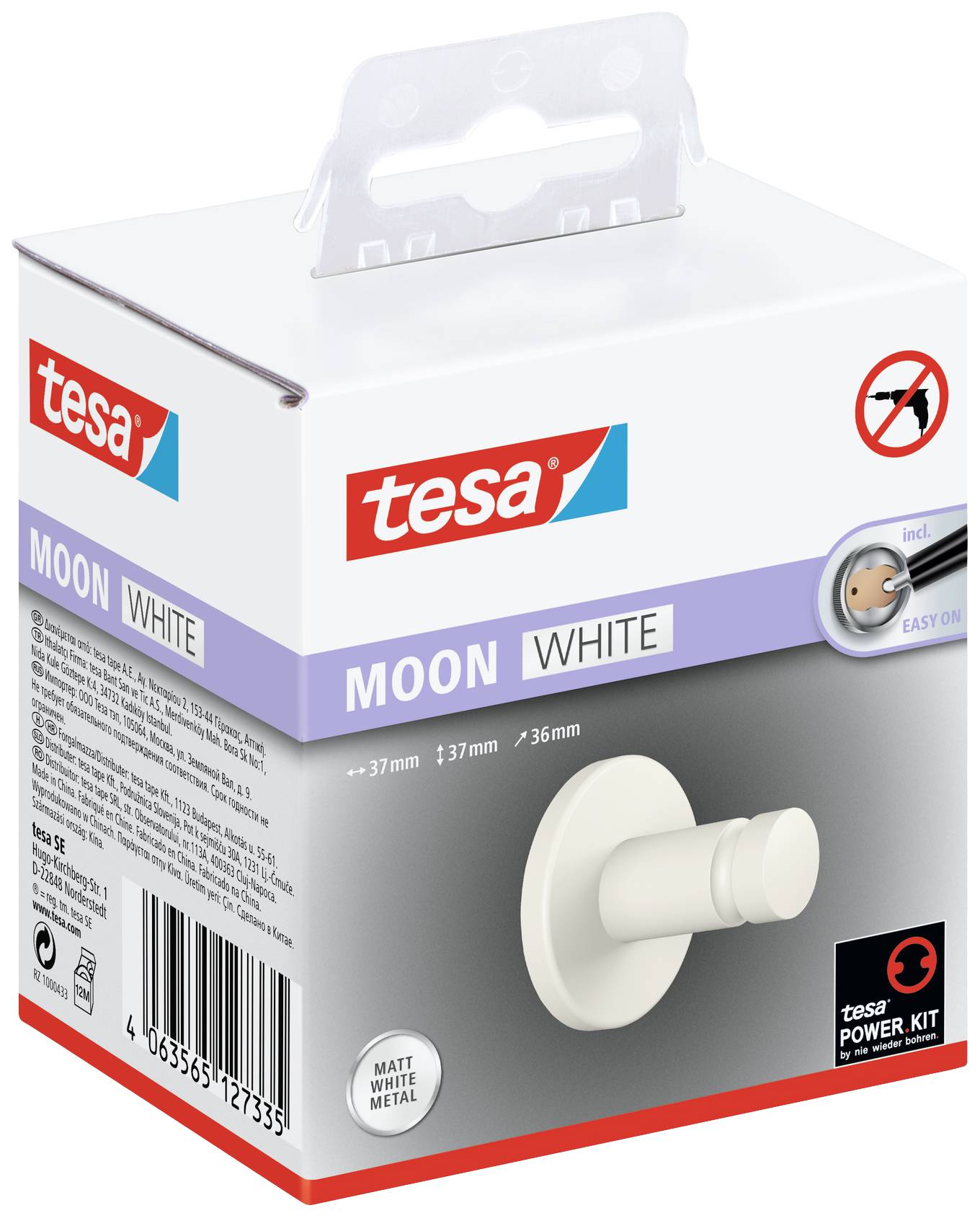 Verpackung eines weißen Abbildung Tesa MOON Klebehakens mit Power.Kit. Text in mehreren Sprachen, runde Form, matte Metalloberfläche.