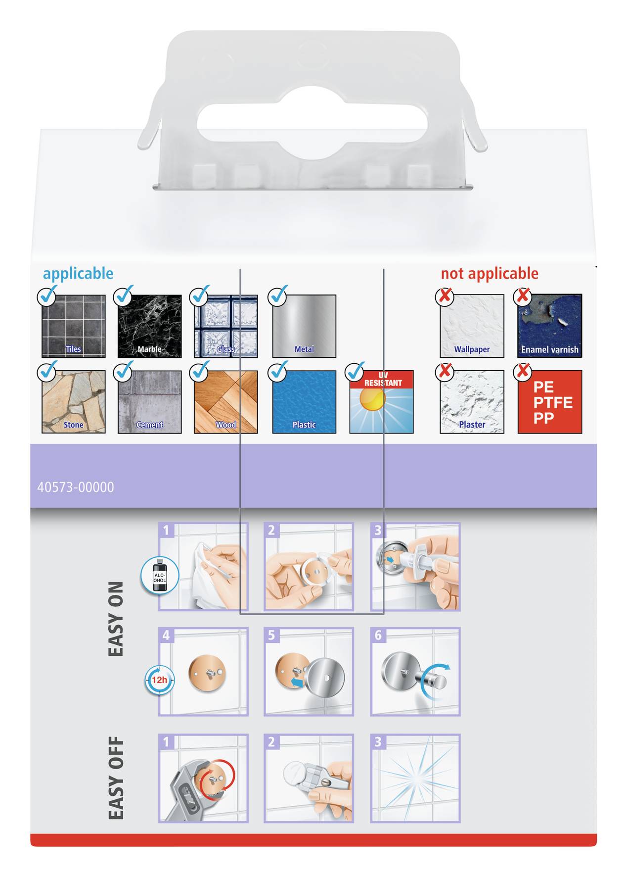 Eine Verpackung mit Illustrationen zur Anwendung: Geeignet für Fliesen, Marmor, Metall. Nicht geeignet für Tapeten, Putz. Anbringung und Entfernung in einfachen Schritten erklärt.