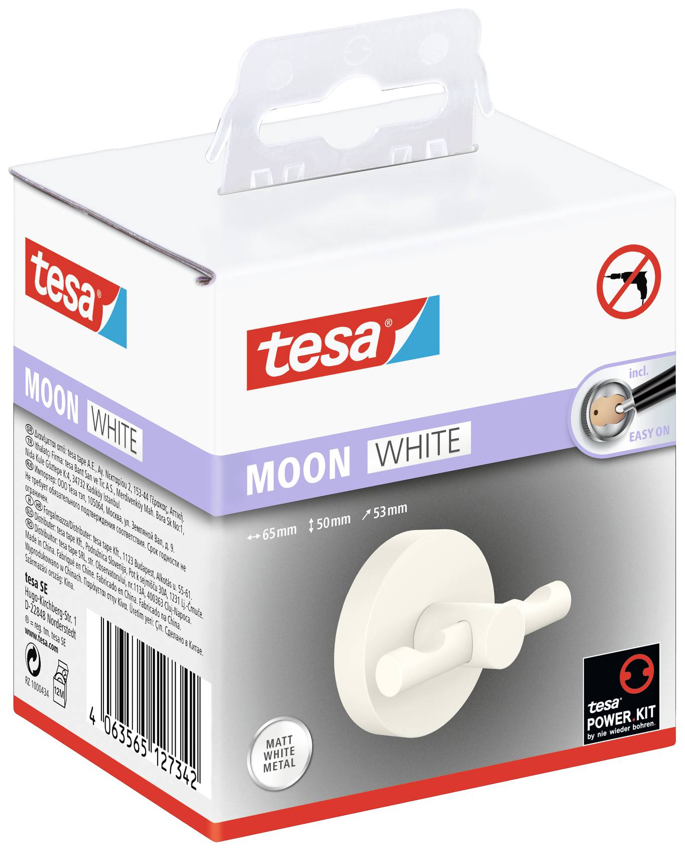Verpackung eines tesa MOON WHITE Wandhakens, mattweiß, ca. 65x50mm, mit 'tesa Power.Kit' für einfache Montage.