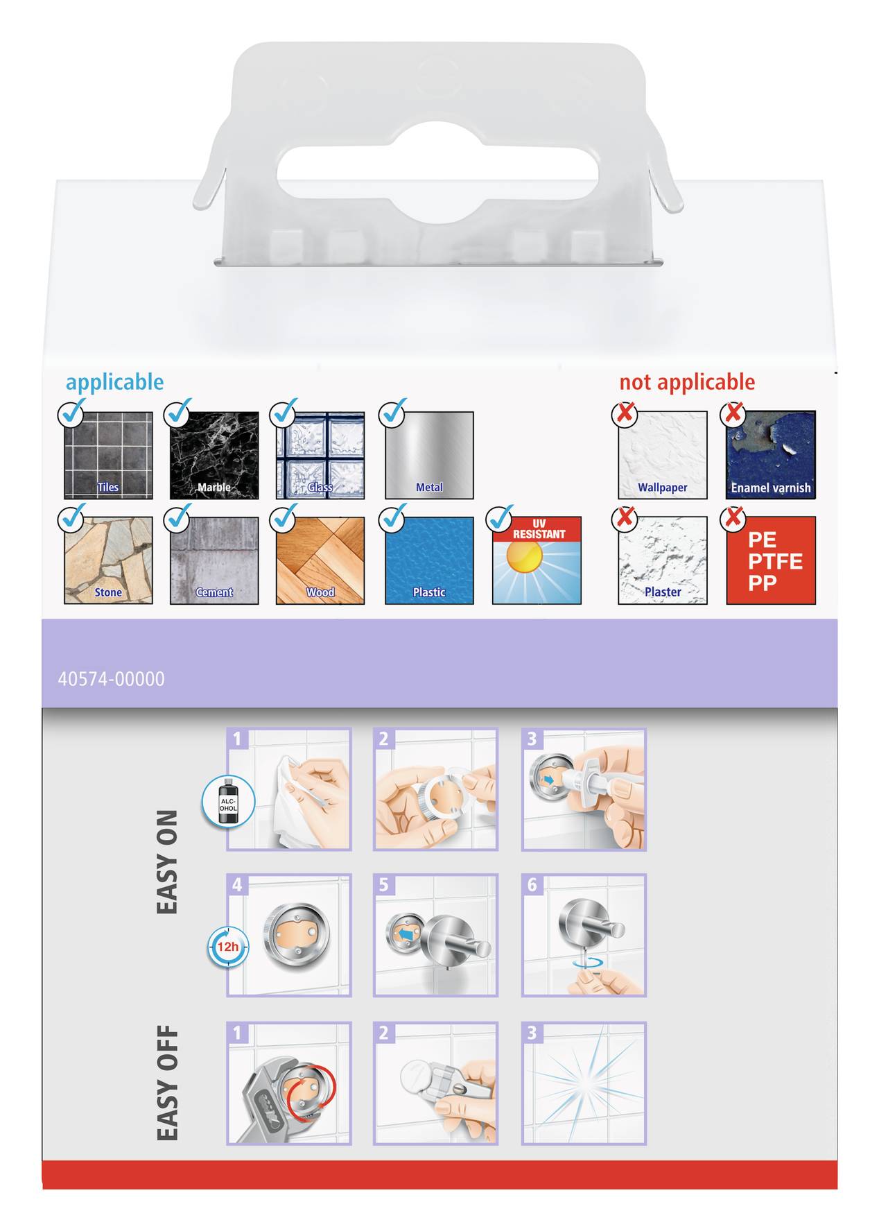 Illustration zur Klebebandanwendung: geeignet für Fliesen, Metall, Holz, Kunststoff. Nicht geeignet für Tapeten, Putz. Einfache Anbringung und Entfernung.