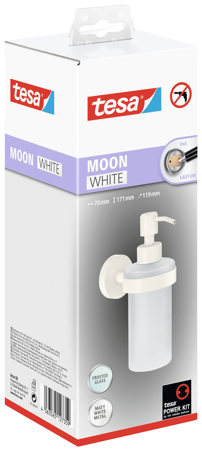 Wandseifenspender von Tesa in Weiß, zur einfachen Montage ohne Bohren, mattes Glas, Teil der 'Moon White' Serie.