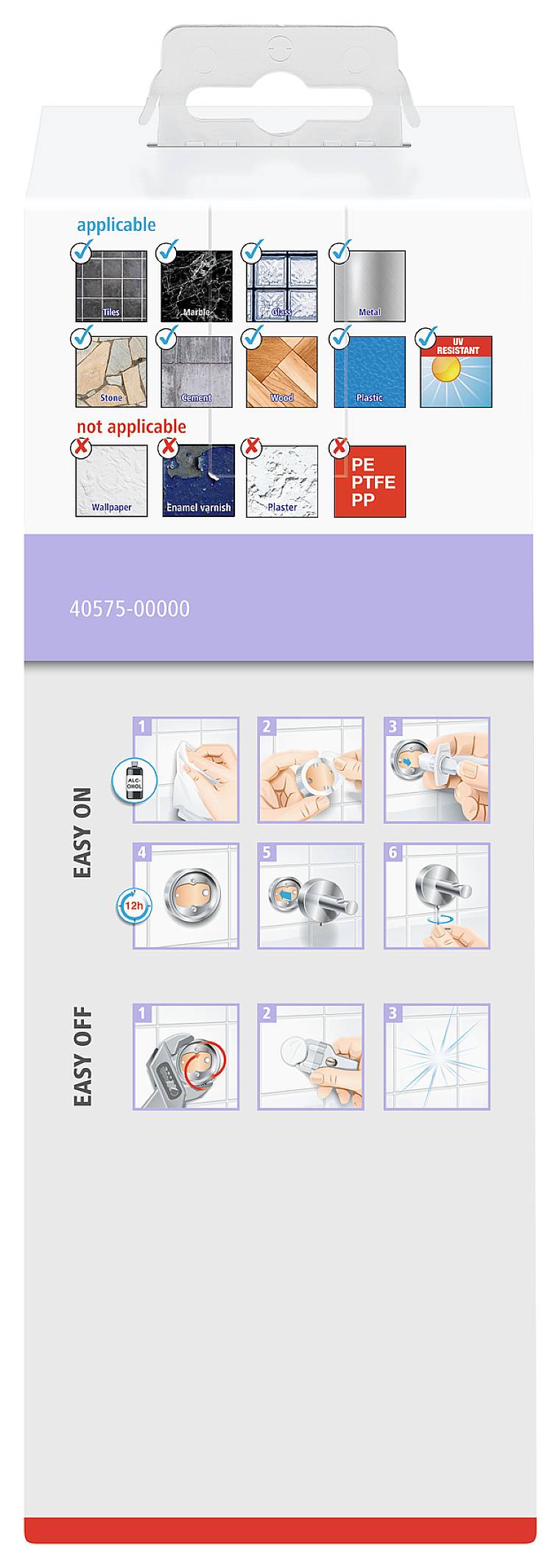 Die Abbildung zeigt eine Verpackung mit Symbolen zur Anwendung und Entfernung eines Duschkopfs. Oben: geeignete und ungeeignete Oberflächen.