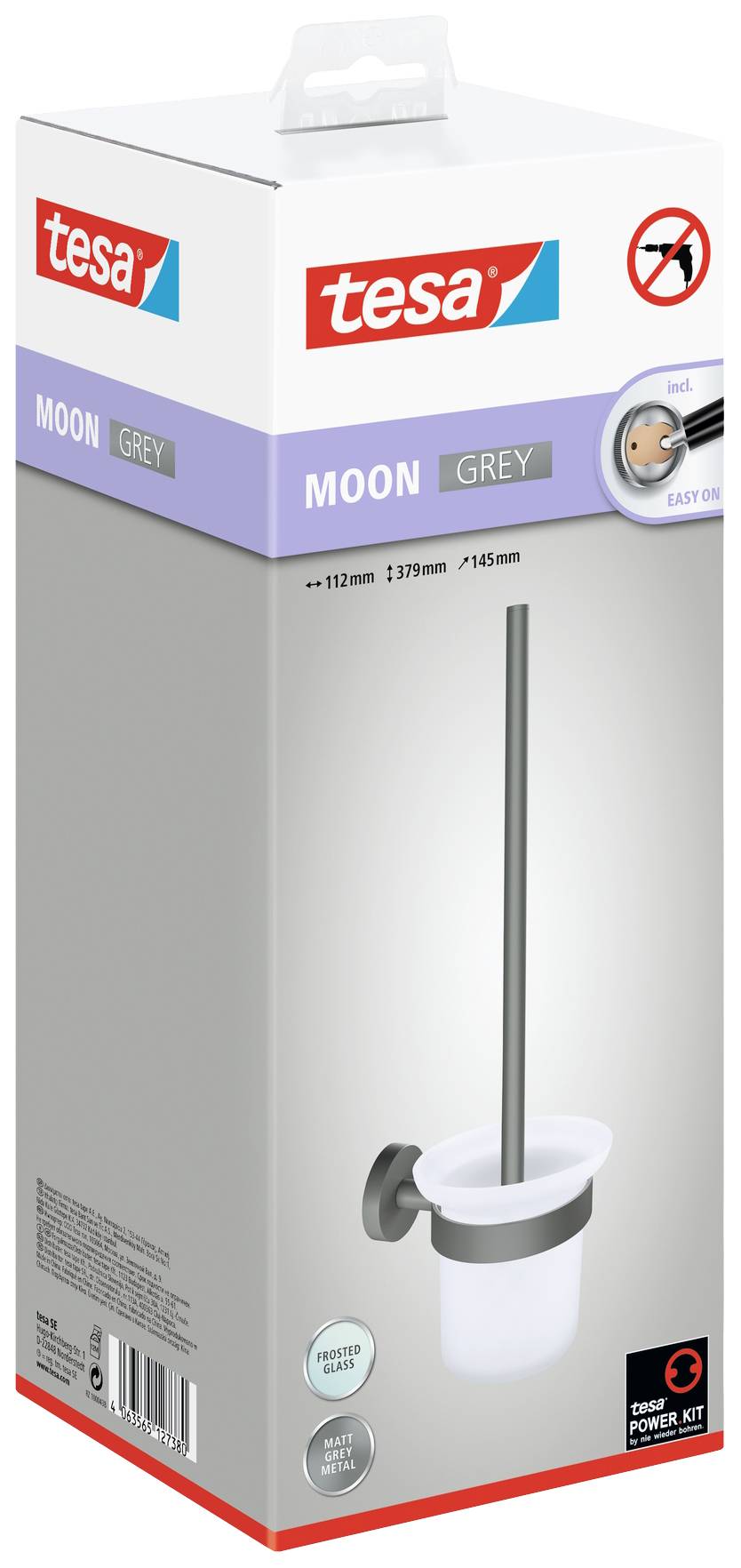 Verpackung eines grauen Toilettenbürstenhalters von Tesa. Enthält Wandmontage-Set. Produktname: 'Moon Grey', ohne Bohren montierbar.