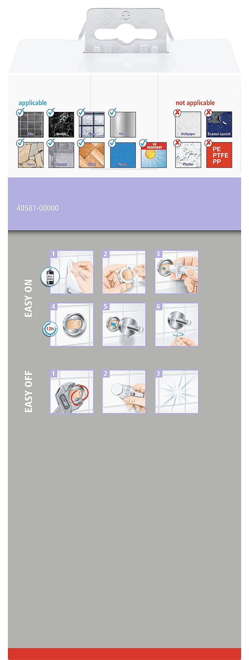 Verpackung eines Produkts, das die Installation eines Hakenmechanismus ohne Bohren zeigt, mit Bildern und Schritt-für-Schritt-Anleitung.