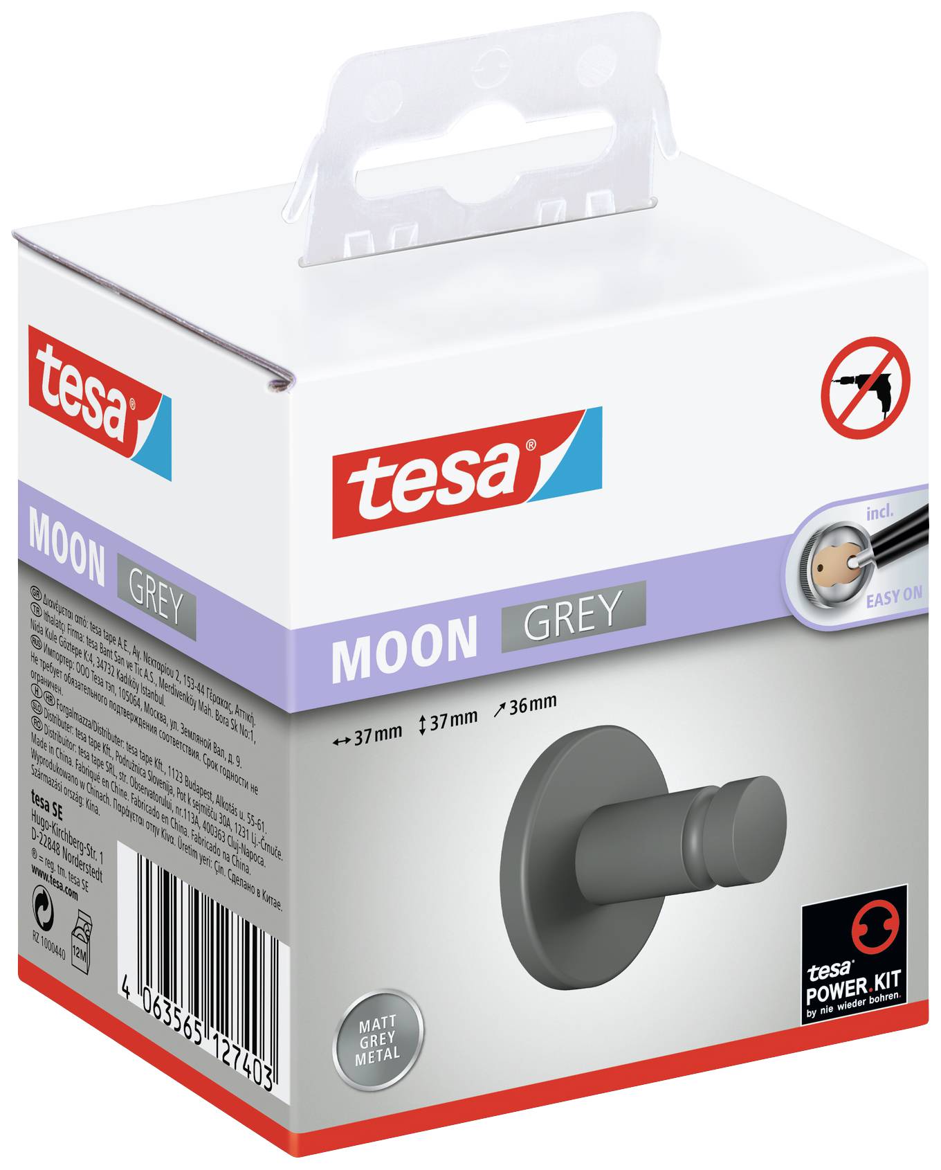 Verpackung eines Tesa Moon Grey Klebehakens, der ohne Bohren befestigt werden kann. Zeigt Abbildung des Hakens und Verpackungstext.