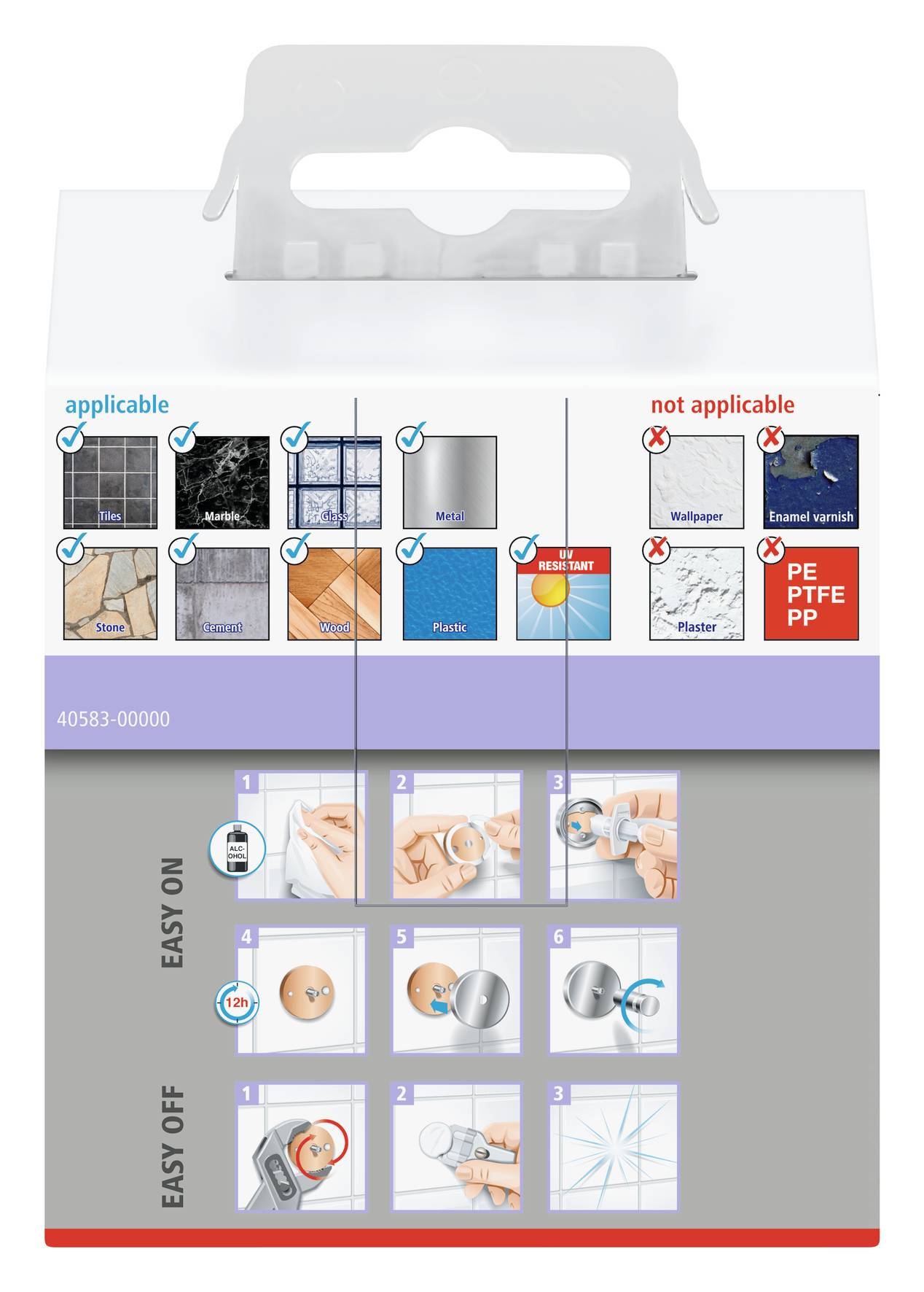Anleitung zur Anbringung und Entfernung eines Produkts auf verschiedenen Oberflächen. Links: geeignet, rechts: ungeeignet.