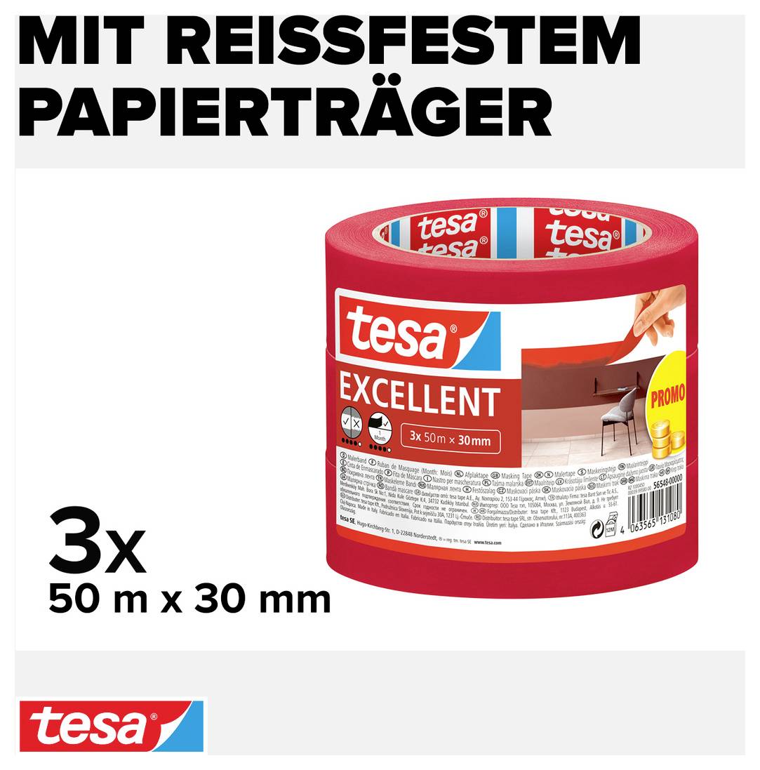 Tesa EXCELLENT 56548-00000-00 Kreppband Rot (L x B) 50m x 30mm 3St.