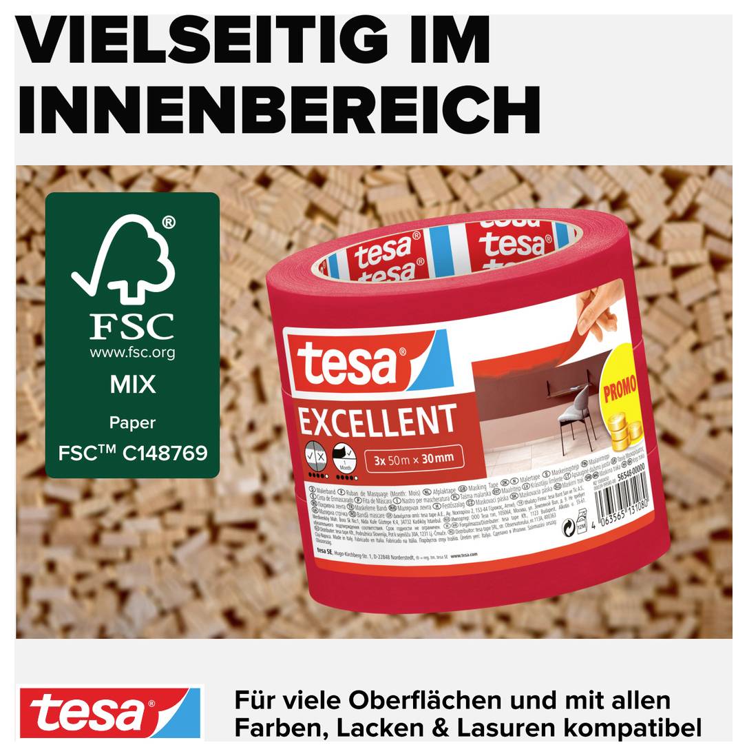Tesa EXCELLENT 56548-00000-00 Kreppband Rot (L x B) 50m x 30mm 3St.