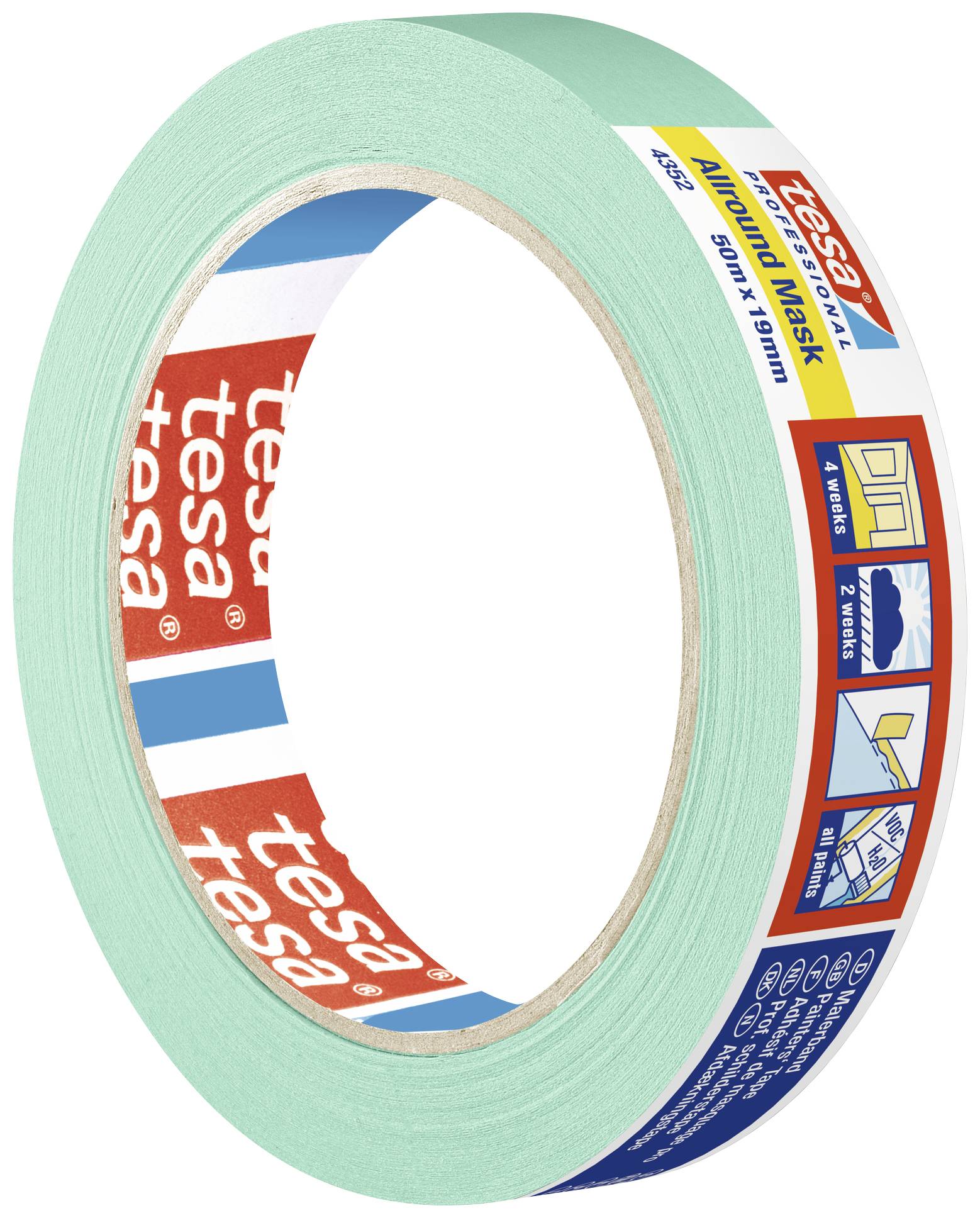 Grünes Abdeckband mit tesa-Logo, 50 mm Breite, geeignet für glatte Oberflächen, saubere Kanten und 2 Wochen UV-beständig.