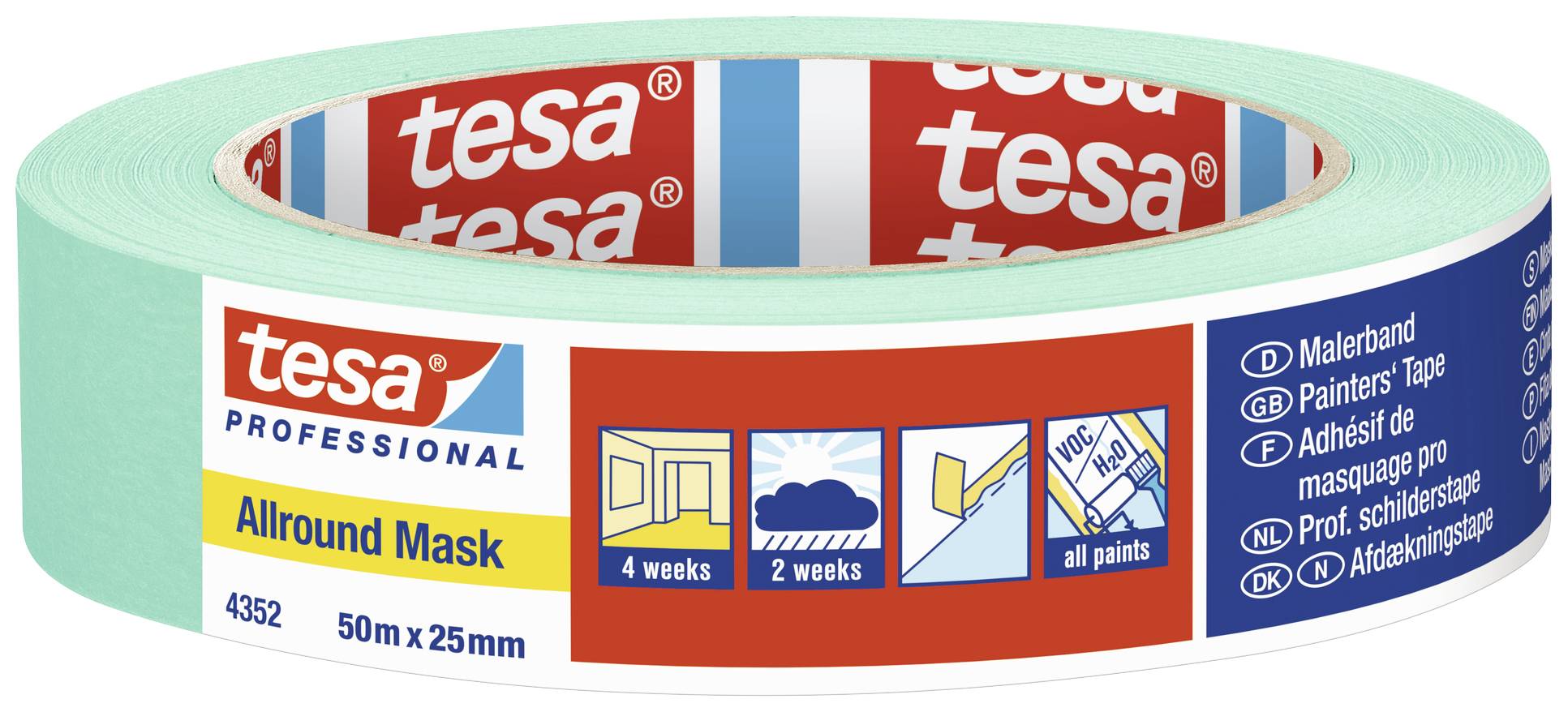 Ein kreisförmiges, grünes Abdeckband mit dem 'tesa' Logo. Angaben: 'Allround Mask', 50m x 25mm, für Malerarbeiten, Innen- und Außenanwendung.