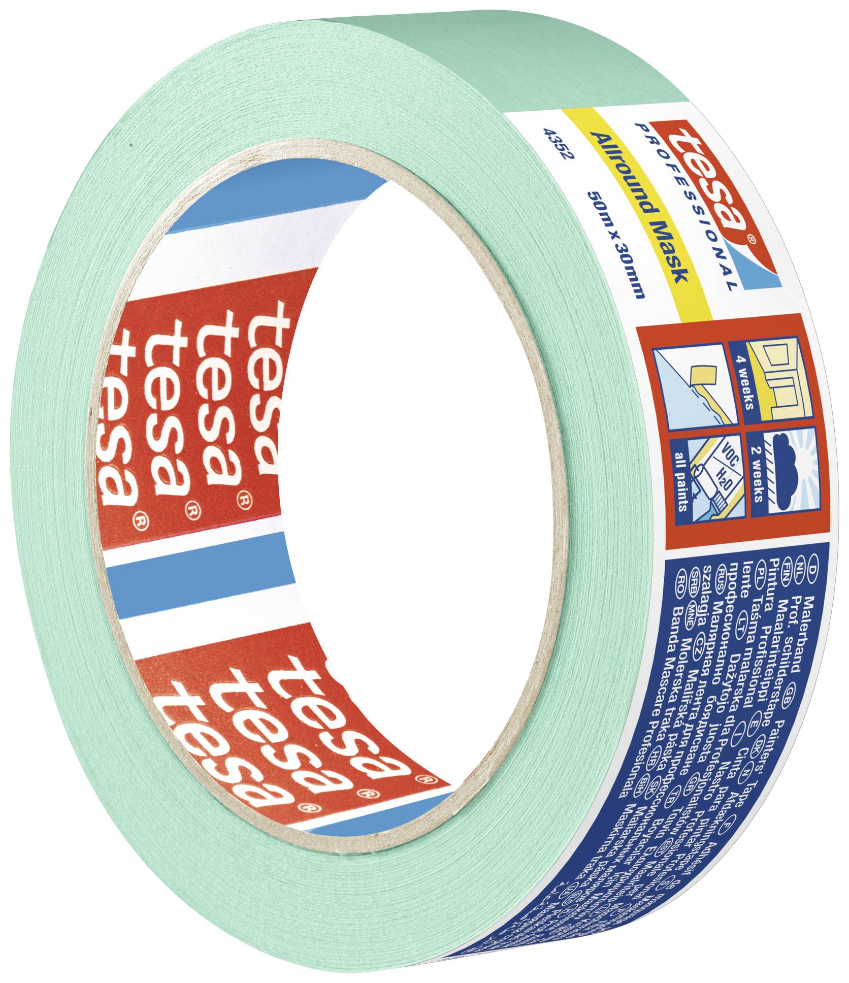 Klebebandrolle mit mintgrünem Band und Verpackung mit der Aufschrift 'tesa' sowie Anwendungshinweisen auf der Seite.