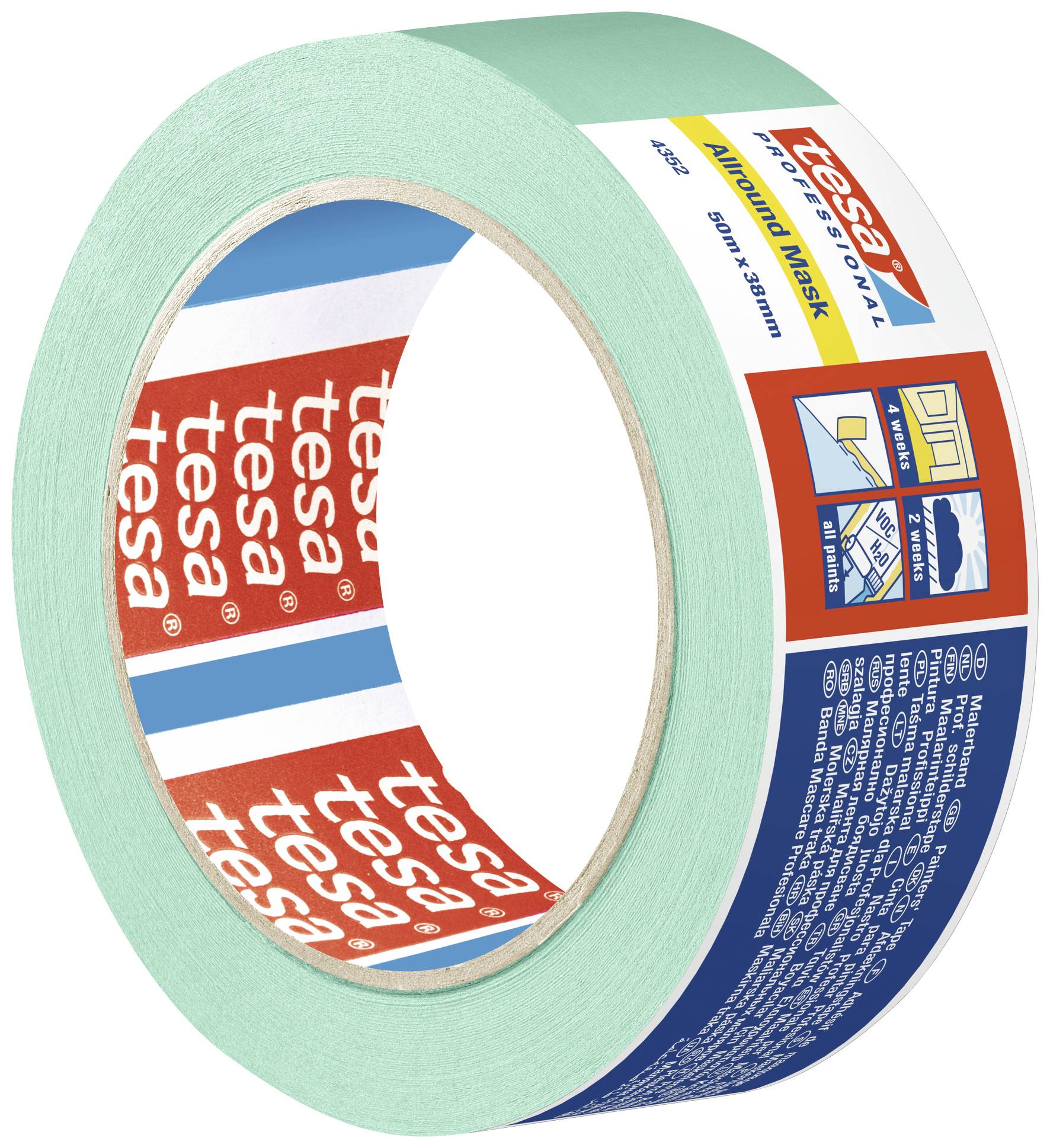 Eine Rolle grünes Abdeckband der Marke Tesa, geeignet für präzises Malen auf empfindlichen Oberflächen.