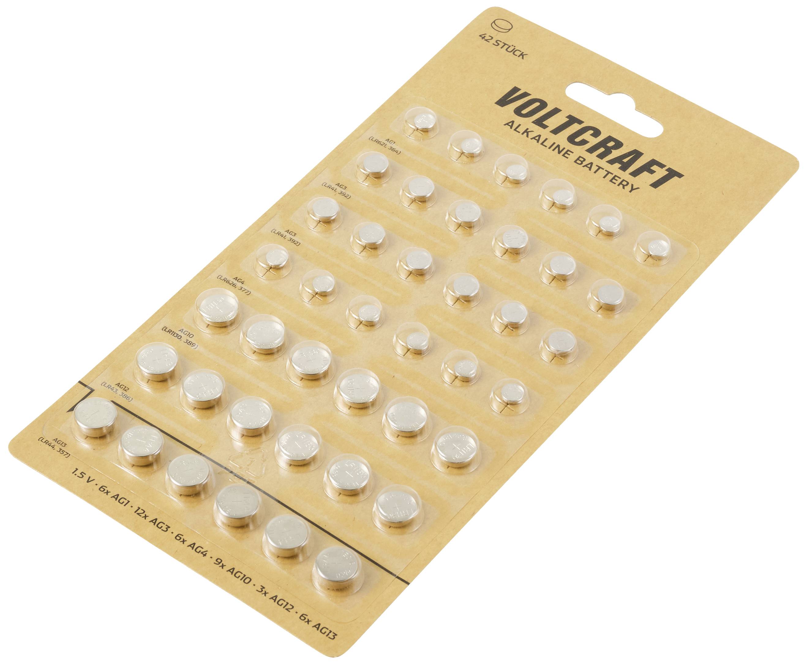VOLTCRAFT Knopfzellen-Set 6 x AG1, 12 x AG3, 6 x AG4, 9 x AG10, 3 x AG12, 6 x AG13