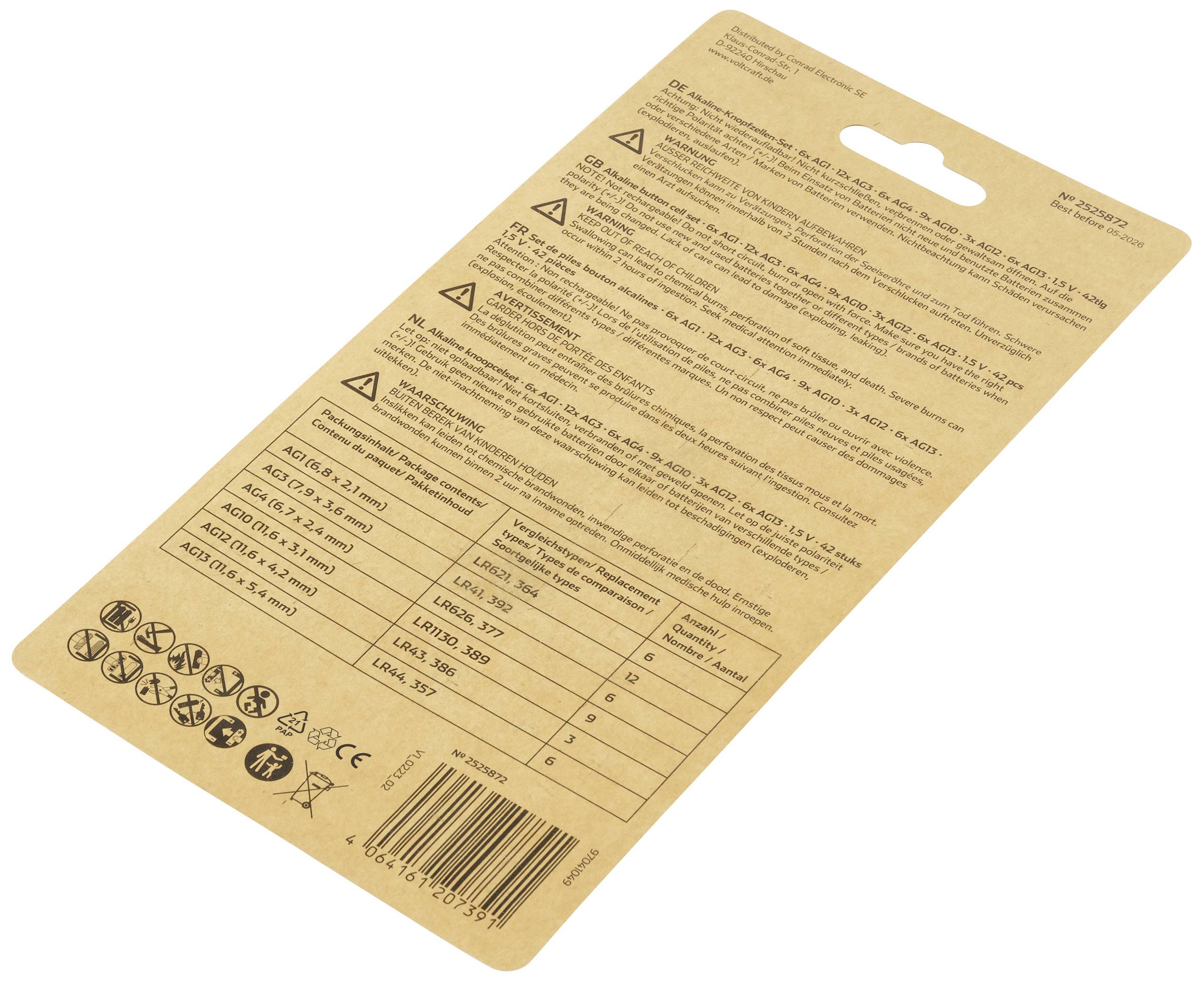 VOLTCRAFT Knopfzellen-Set 6 x AG1, 12 x AG3, 6 x AG4, 9 x AG10, 3 x AG12, 6 x AG13