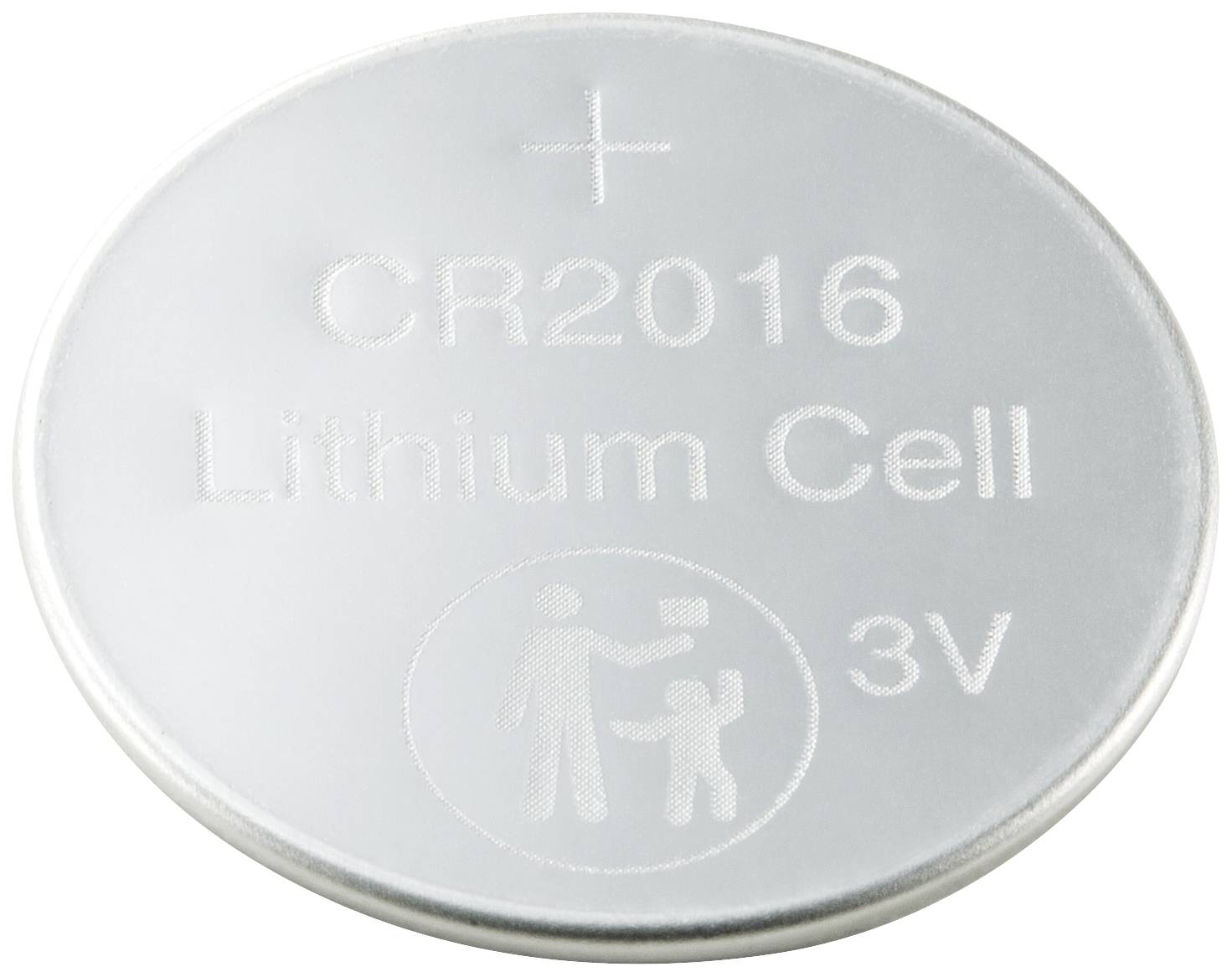 Silberne Knopfzelle mit Aufschrift 'CR2016 Lithium Cell 3V'. Symbol warnt vor Verschluckungsgefahr für Kinder.
