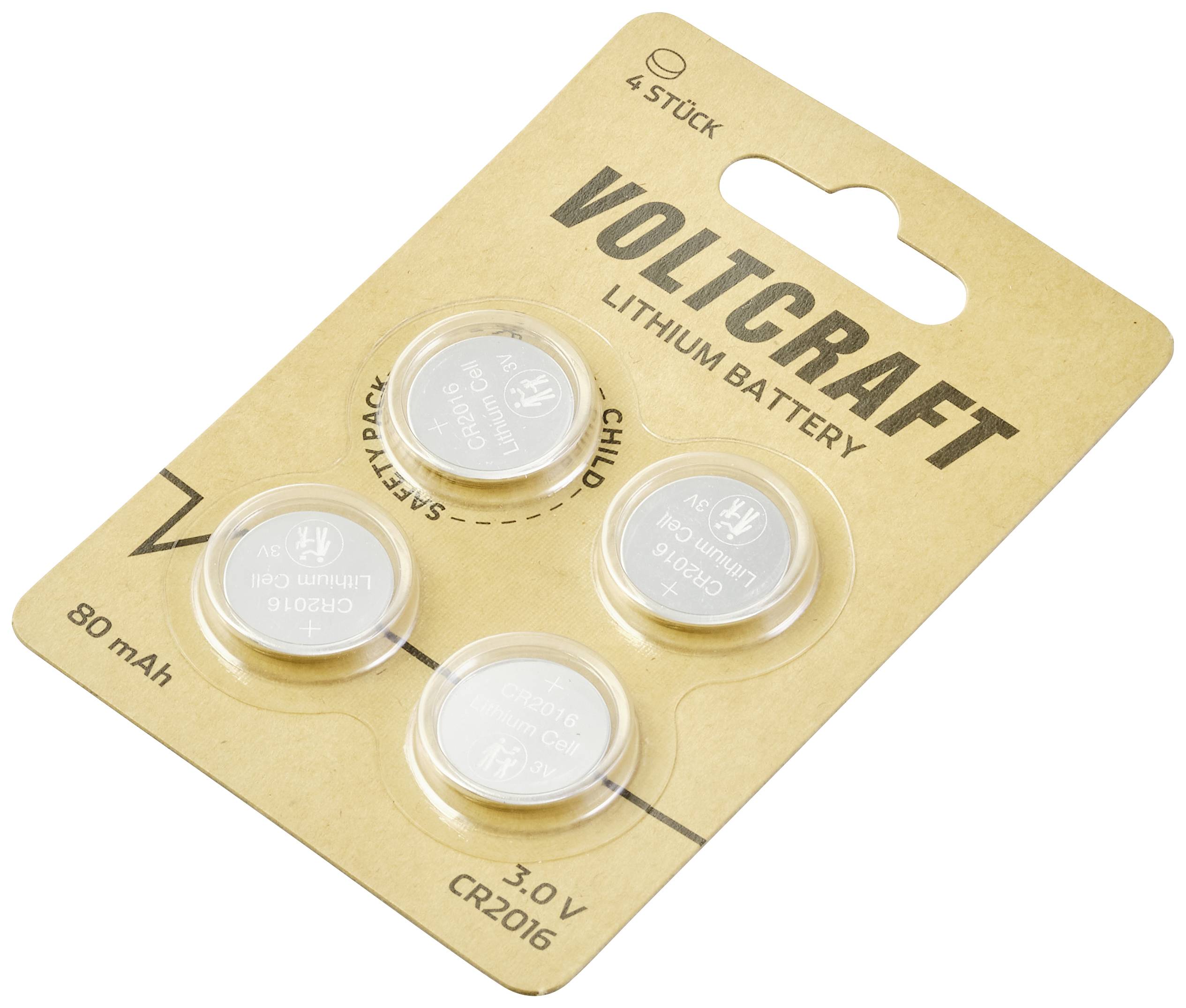 Vier Knopfzellen-Batterien der Marke Voltcraft auf einer Verpackung. Details wie 'Lithium Battery', '3.0 V', 'CR2016', '80 mAh'.