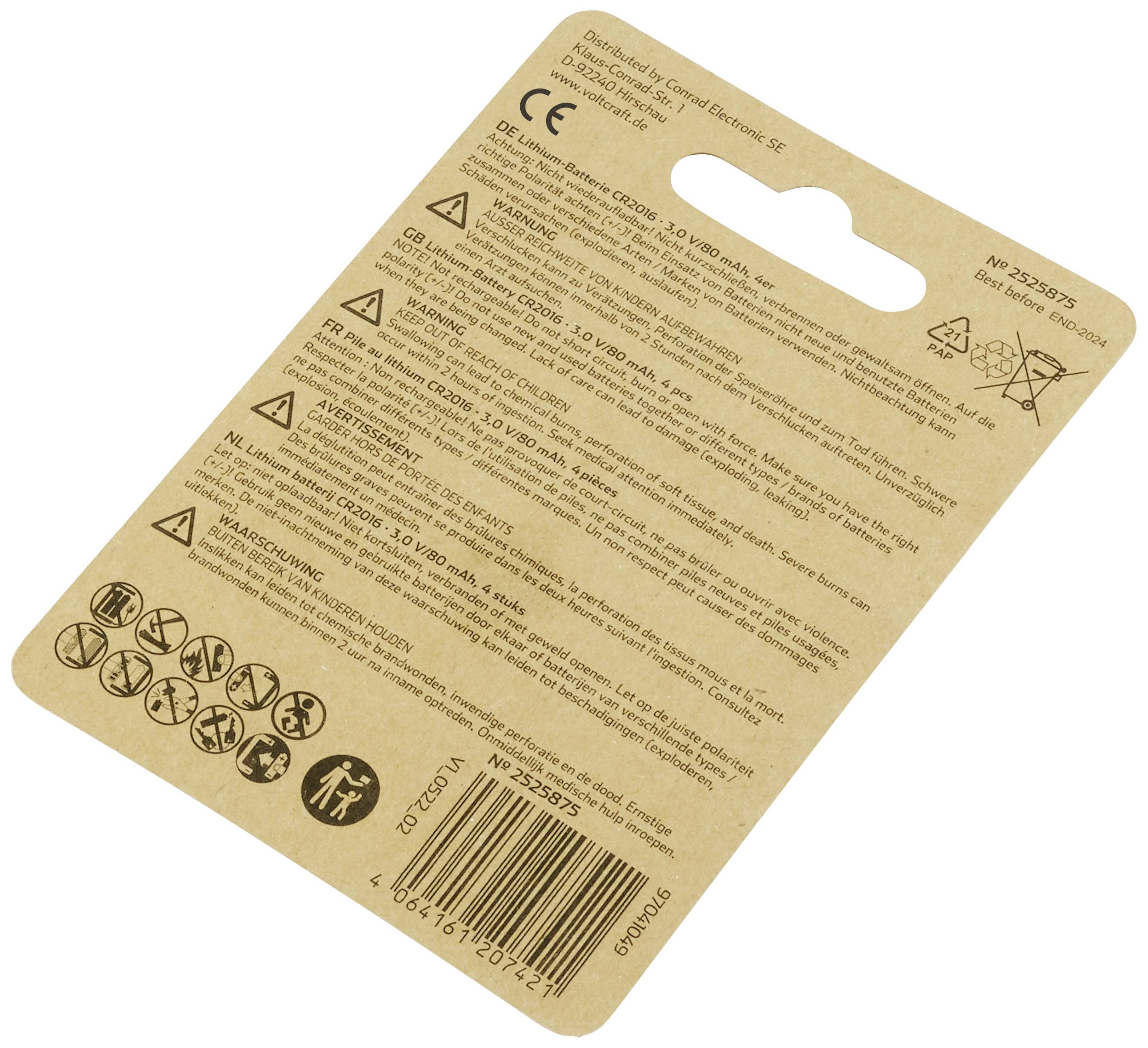 Kartonverpackung mit Sicherheits- und Nutzungshinweisen in mehreren Sprachen. Enthält Symbole für Recycling und Warnhinweise.