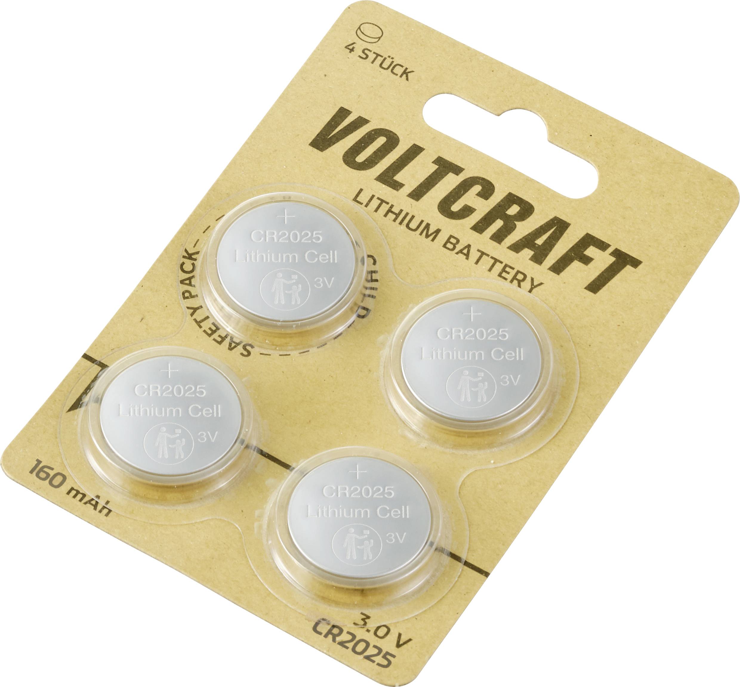 Vier Stück Voltcraft CR2025 Lithium-Batterien, jeweils 3V und 160mAh, in kreisrunden Halterungen auf einer Kartonrückseite mit der Aufschrift 