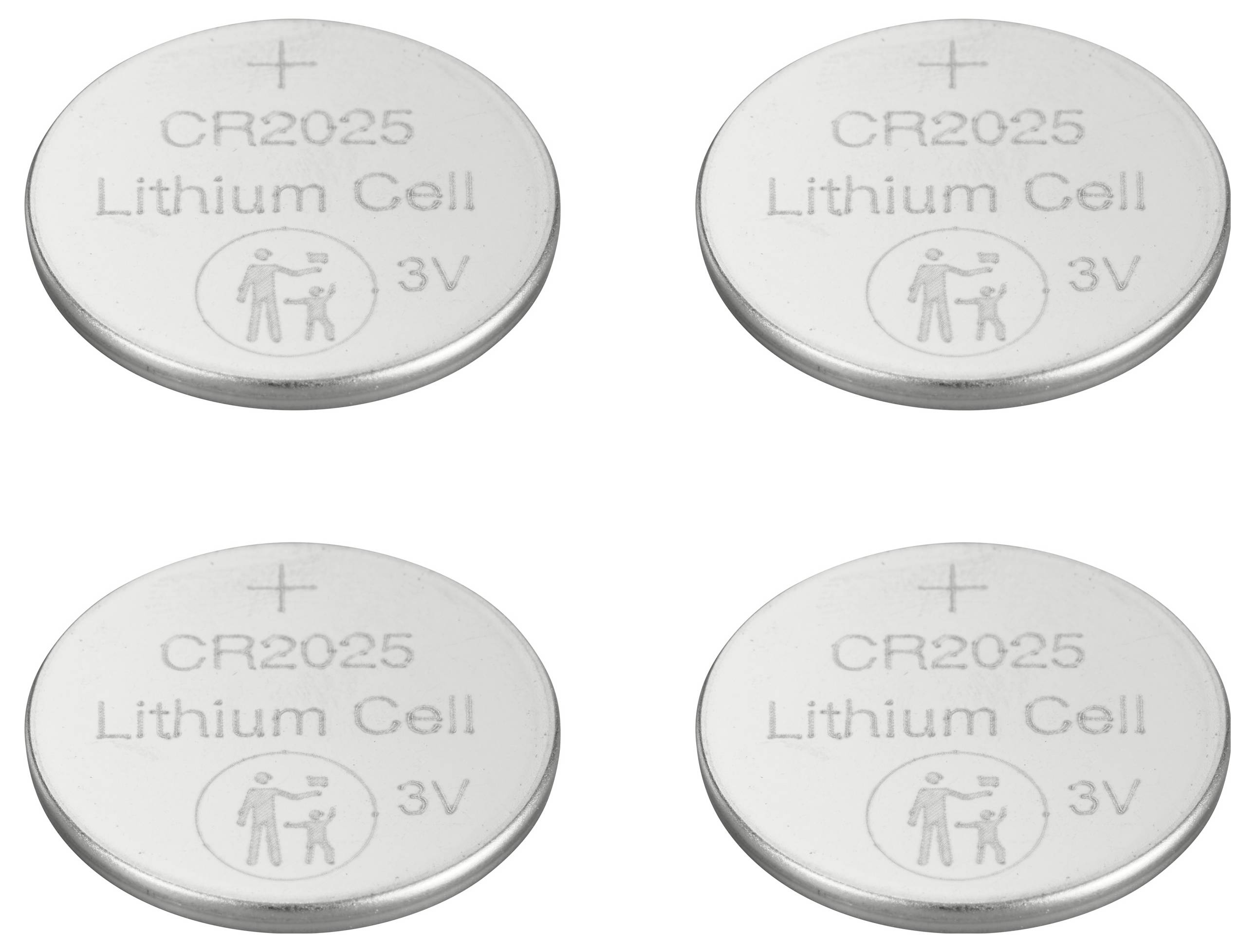 Vier CR2025 Lithium-Knopfzellen, jede mit der Beschriftung '3V', versehen mit dem Recycling-Symbol.