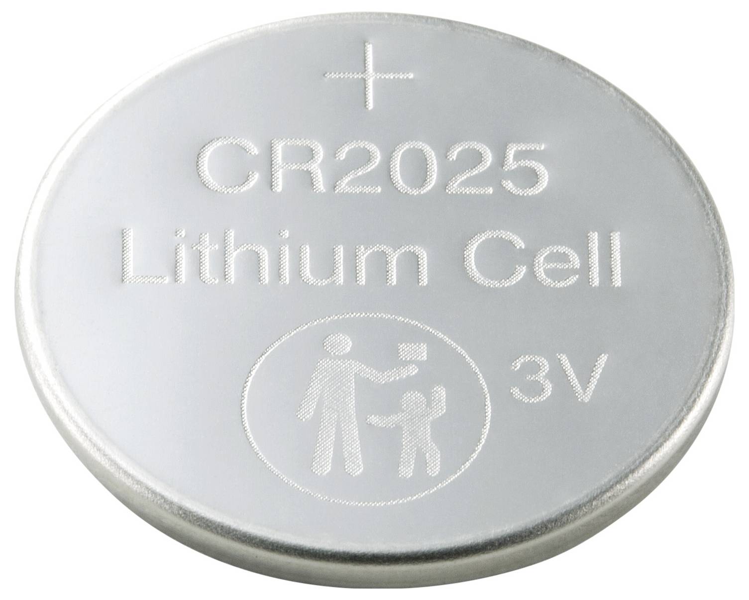 Eine silberne CR2025-Lithiumzellen-Batterie mit einer Kapazität von 3 Volt, versehen mit einem Sicherheitswarnzeichen, das darauf hinweist, dass sie bei Verschlucken gesundheitsschädlich ist.