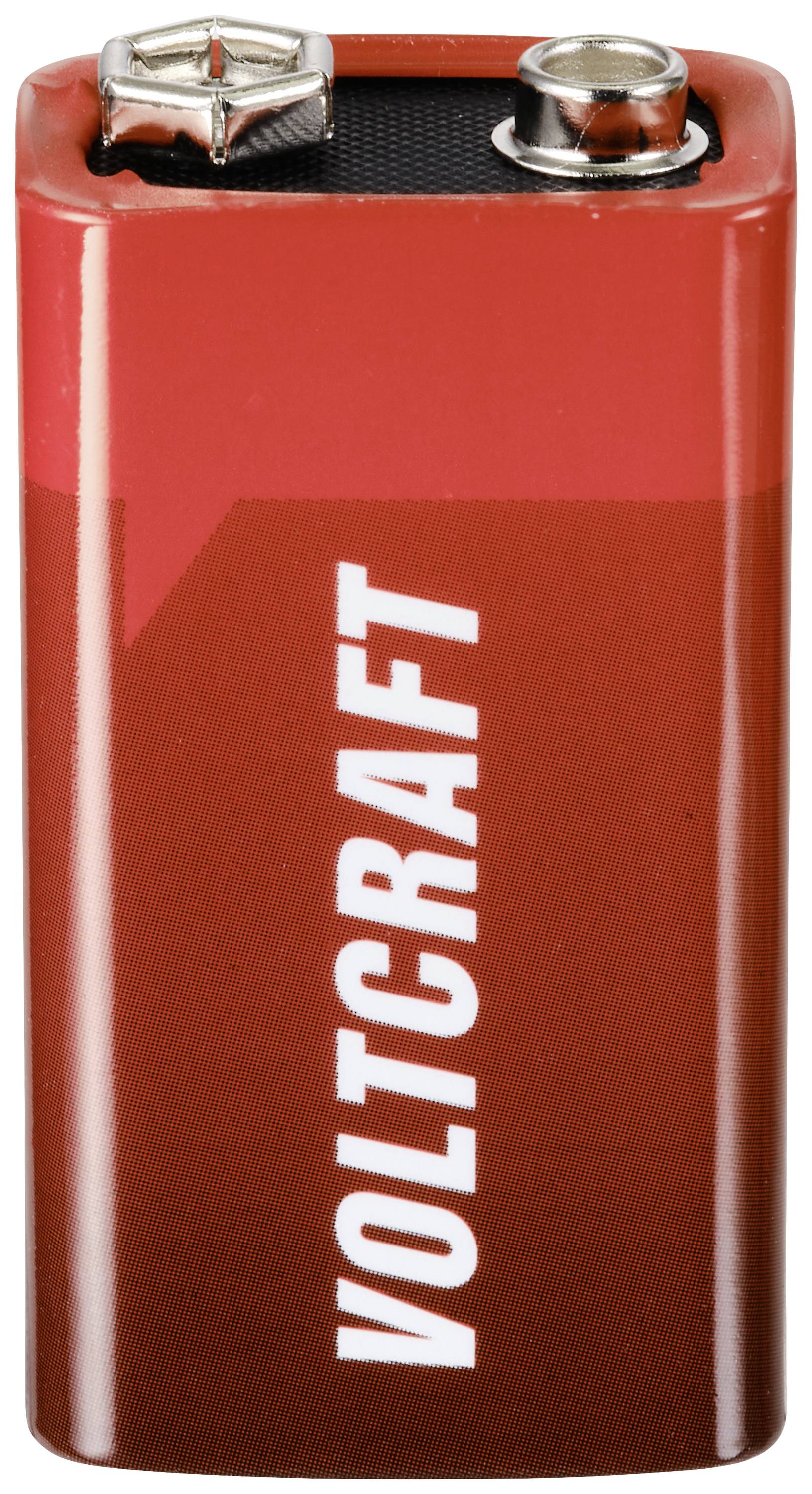 Rote Voltkraft-9V-Batterie mit schwarzen und silbernen Anschlüssen oben.