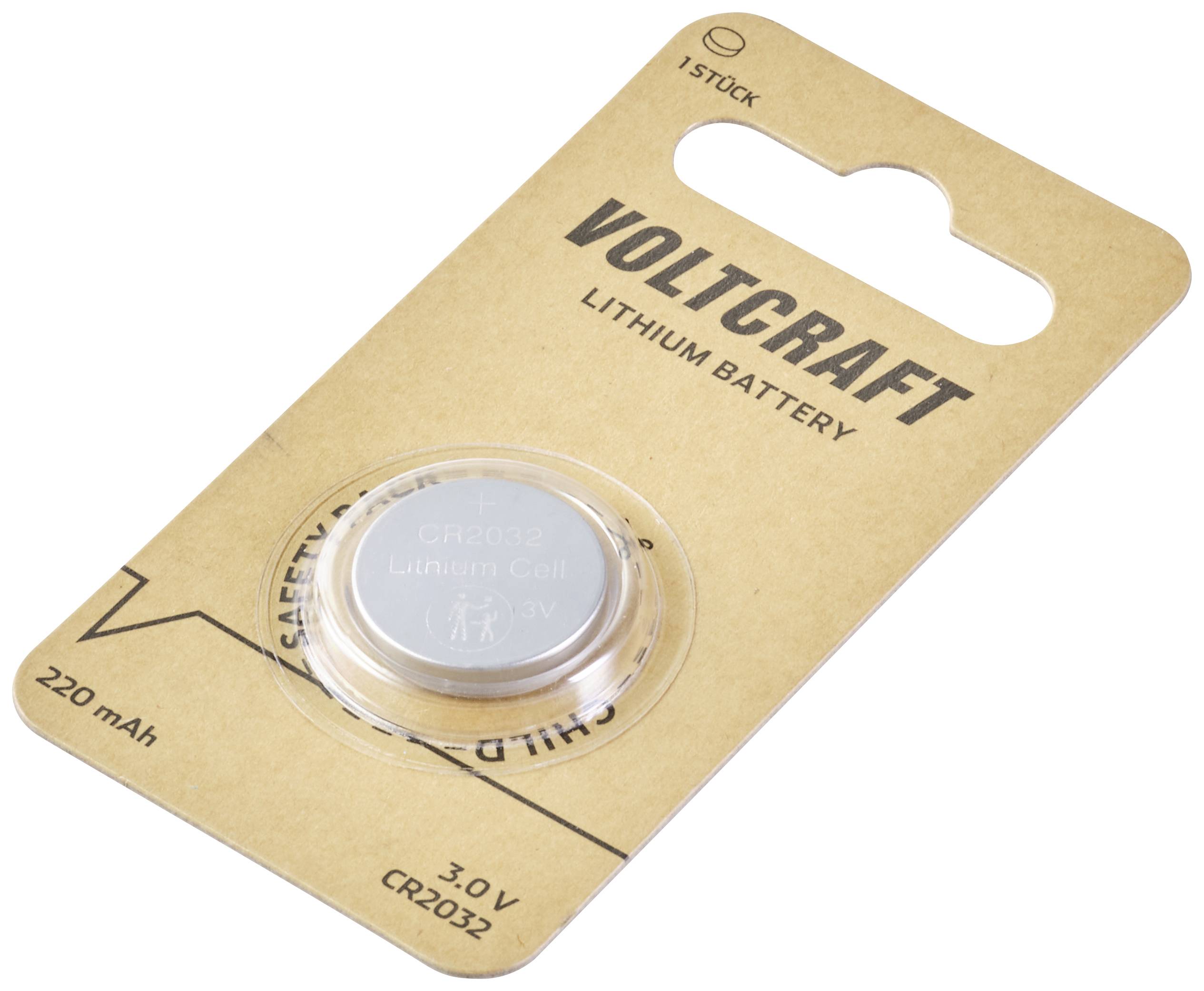 VOLTCRAFT Lithium-Batterie, 3V, CR2032, 220 mAh, 1 Stück in Verpackung