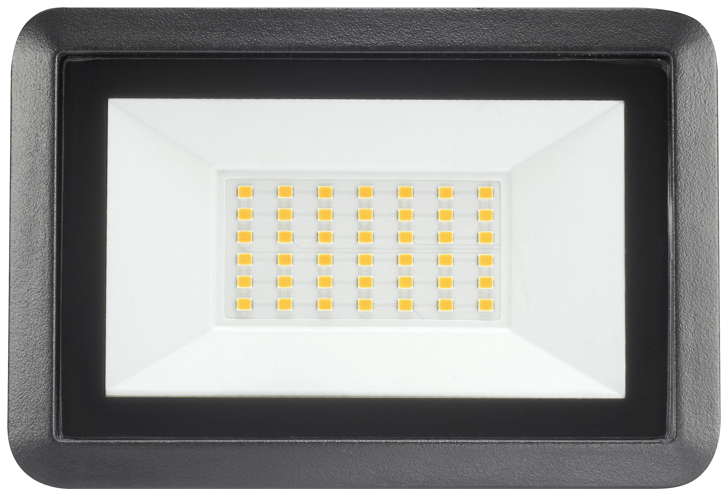 Flaches LED-Flutlicht, rechteckig, mit schwarzem Rahmen und gelbem LED-Raster in der Mitte. Energiesparendes Beleuchtungselement.