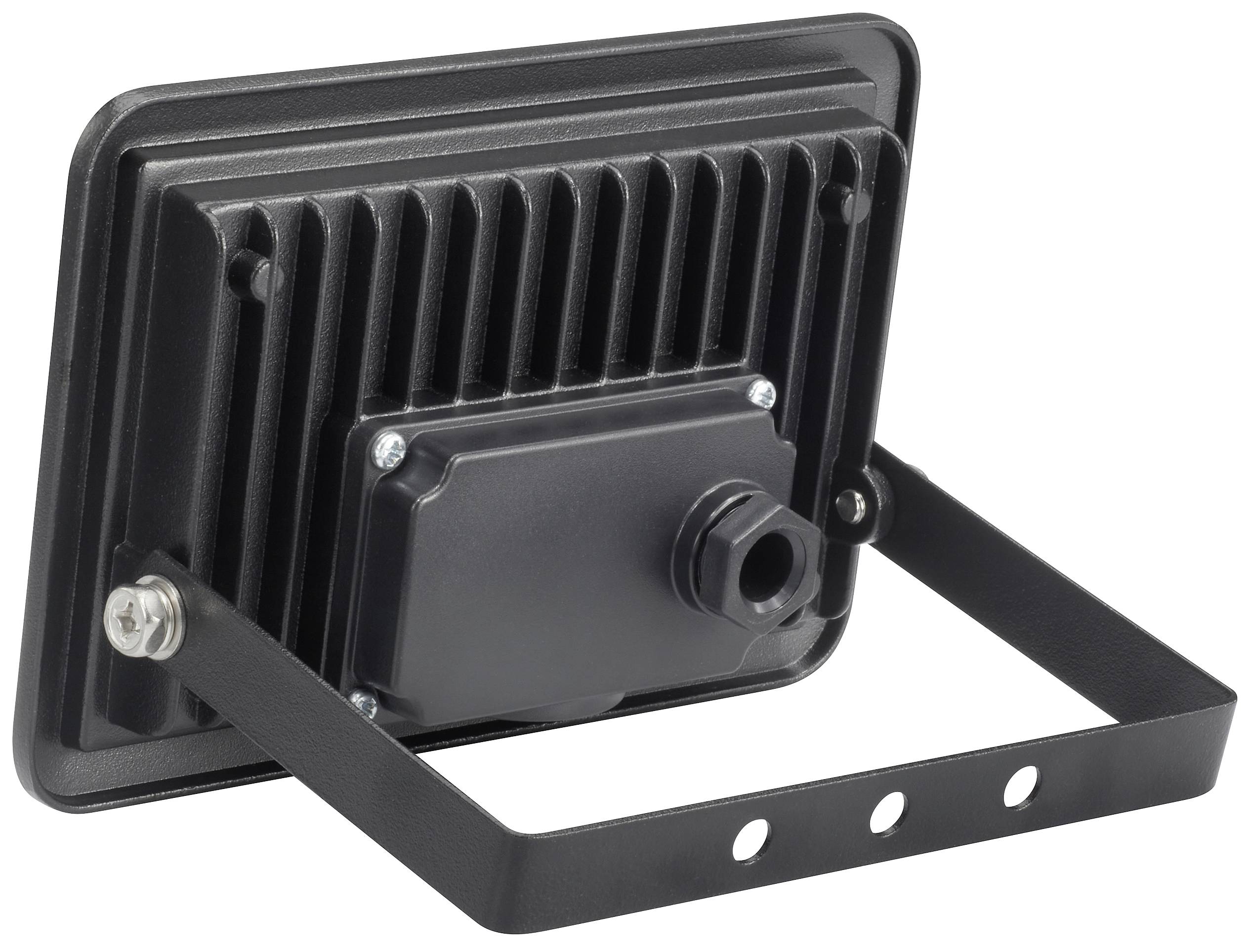Rückansicht eines schwarzen, rechteckigen LED-Strahlers mit Kühlrippen und Halterung. Geeignet für Außenbereiche.