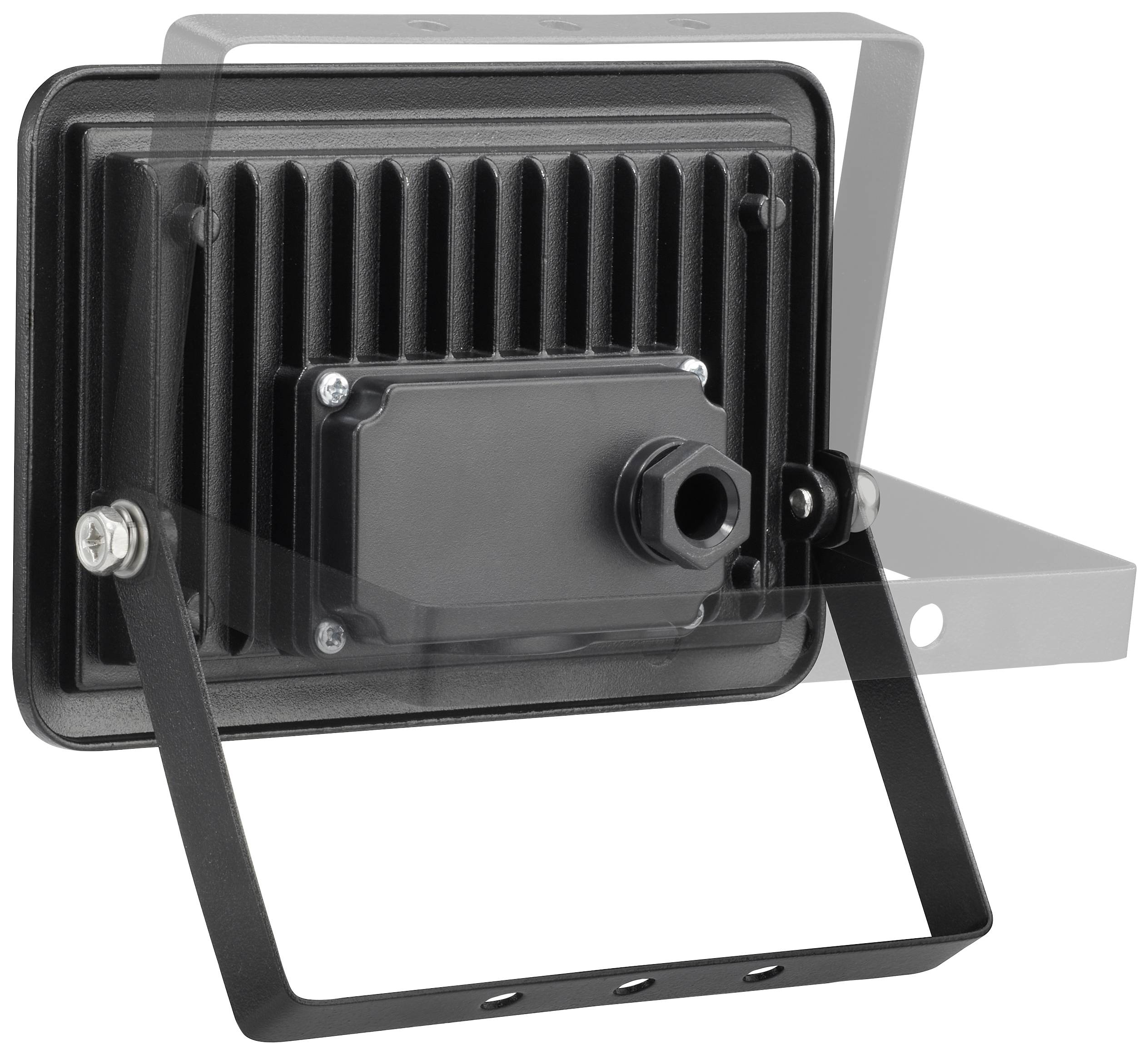 Eine schwarze LED-Flutlichtlampe mit Montagebügel. Die Lampe ist kühlrippig für bessere Wärmeableitung.