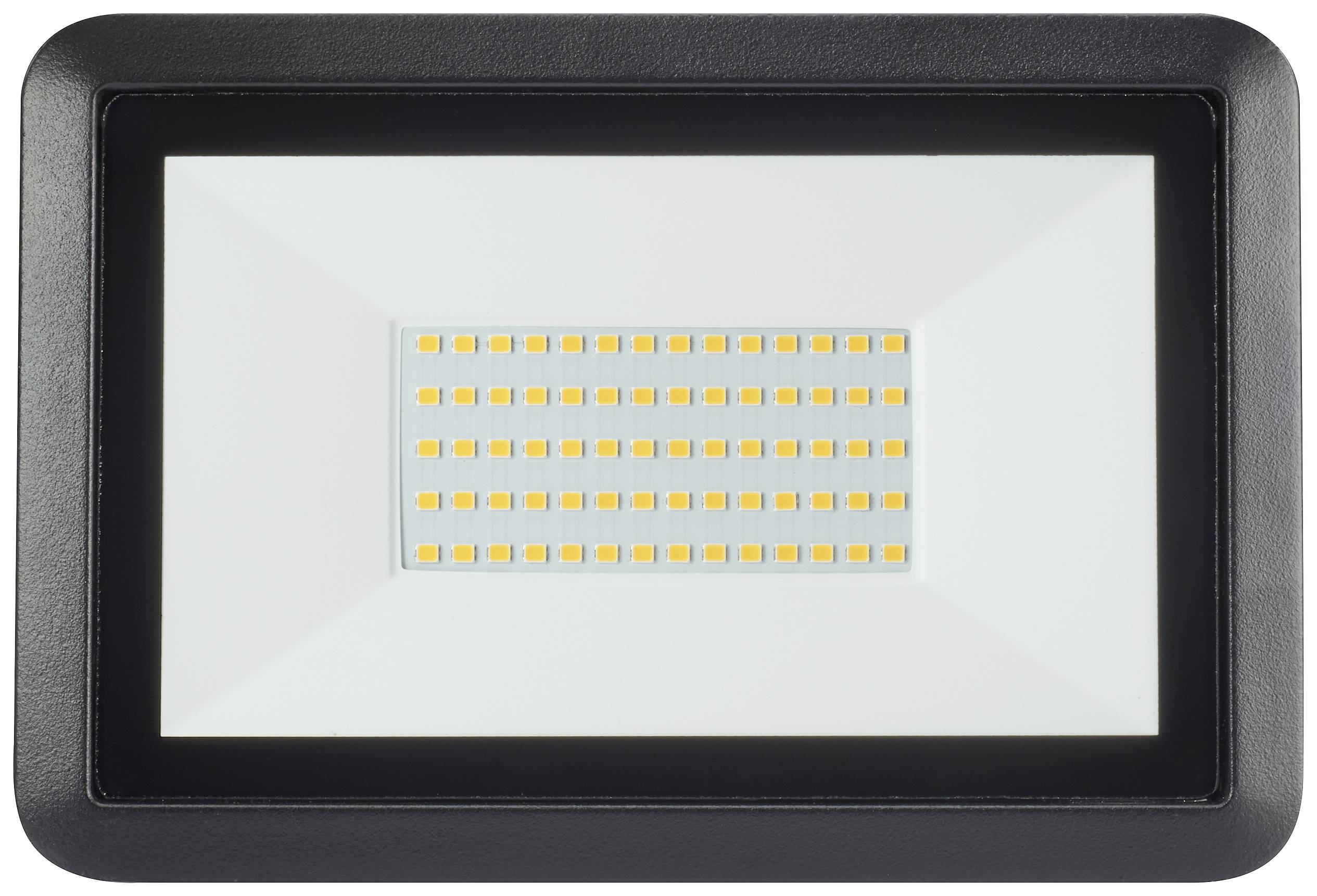 LED-Flutlicht mit rechteckigem Gehäuse und 48 kleinen leuchtenden Dioden in der Mitte, umgeben von schwarzem Rand.