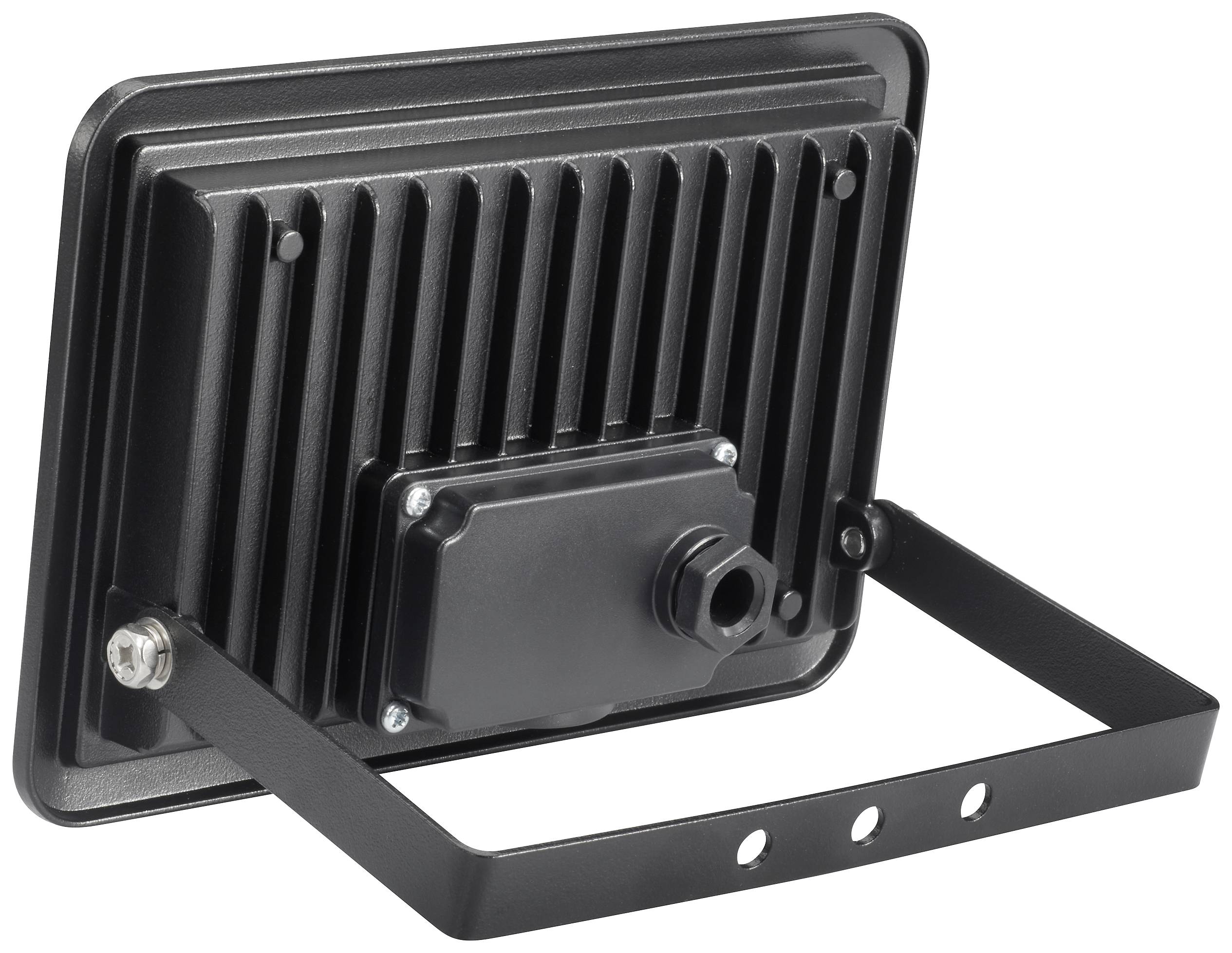 Ein rechteckiger, schwarzer LED-Scheinwerfer mit geripptem Gehäuse und verstellbarer Halterung zur Befestigung.