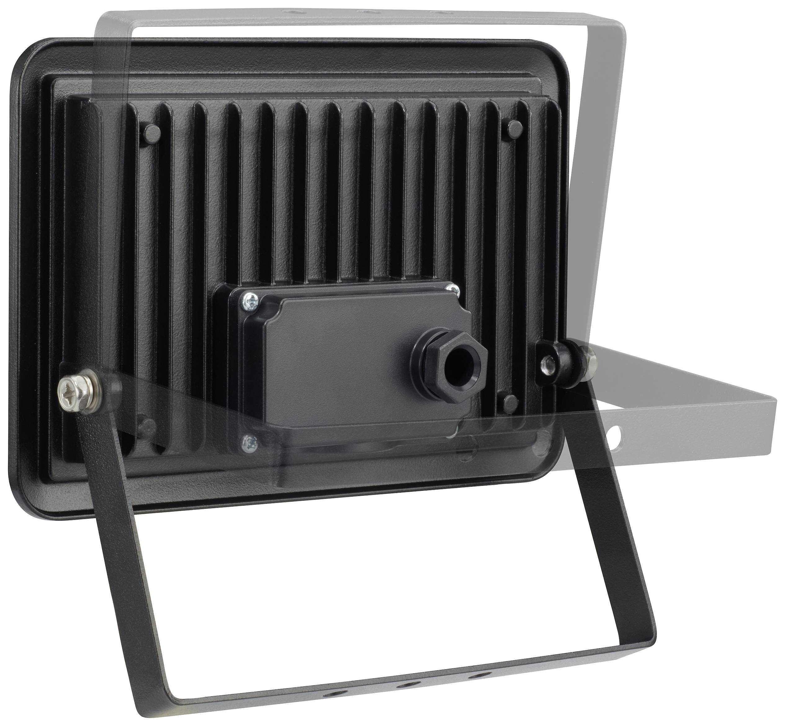 Ein schwarzer Flutlichtstrahler mit verstellbarer Halterung, gezeigt von hinten. Er hat ein geripptes Gehäuse mit einem rechteckigen Design.