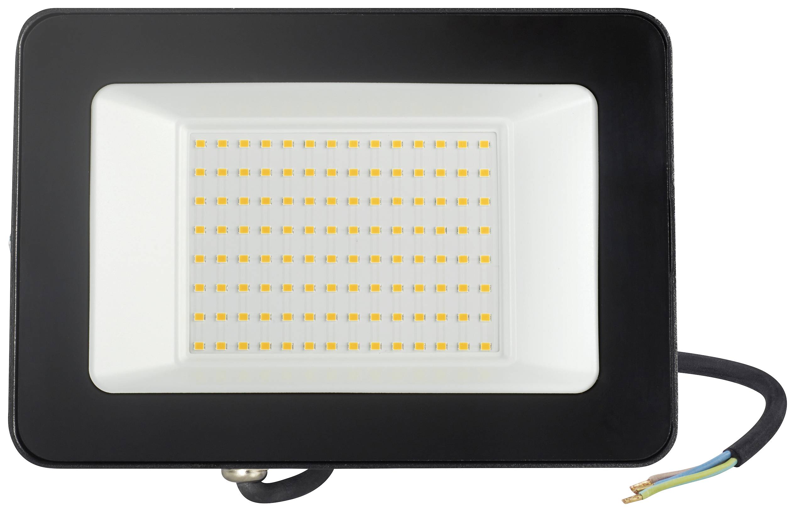 'LED-Fluter' mit rechteckigem, schwarzem Rahmen und gelbem LED-Muster in der Mitte. Ein Kabel ragt seitlich heraus. Ideal für Außenbeleuchtung.