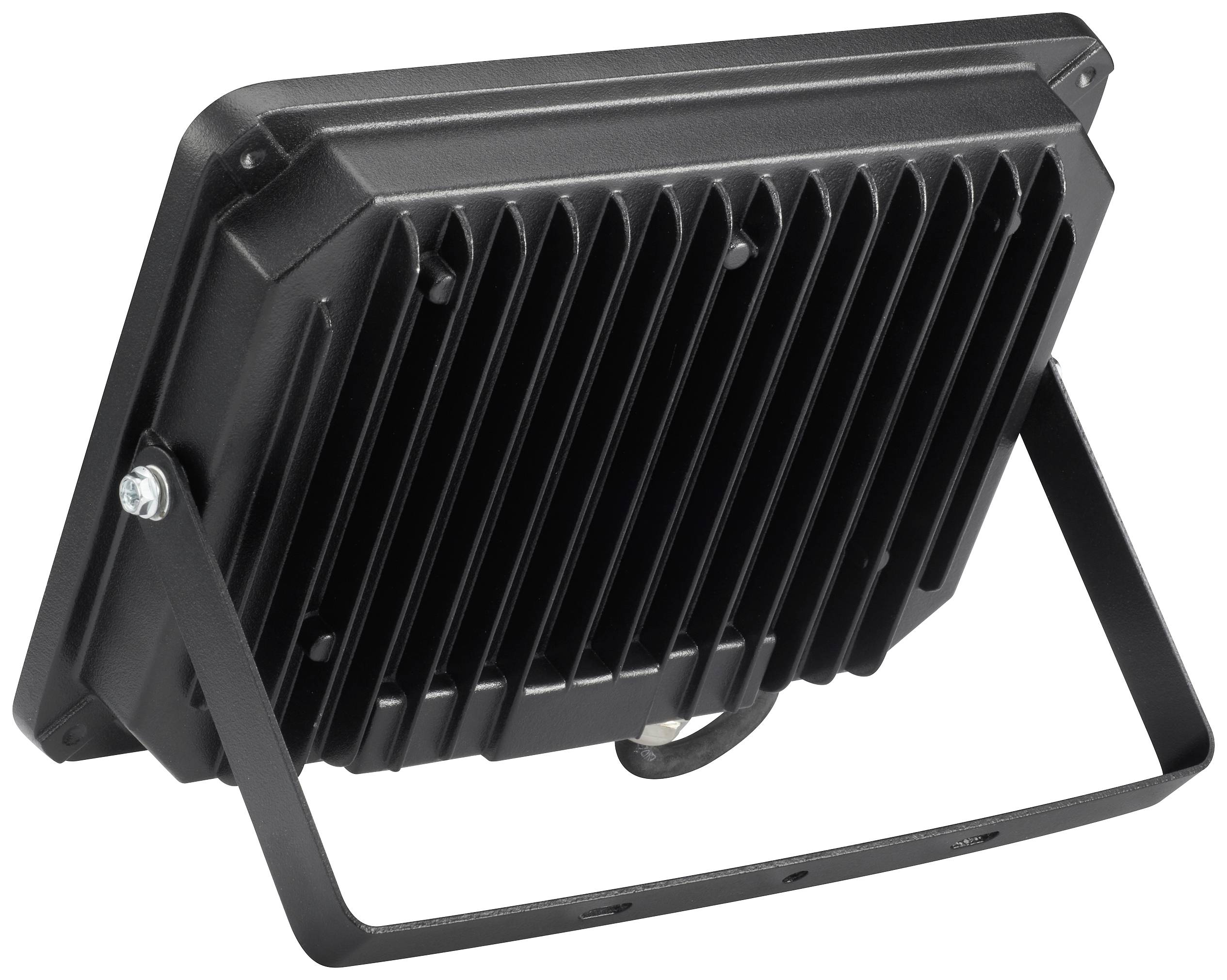 Ein schwarzer LED-Flutlichtstrahler mit Kühlrippen auf der Rückseite, montiert auf einem schwenkbaren Metallhalter.