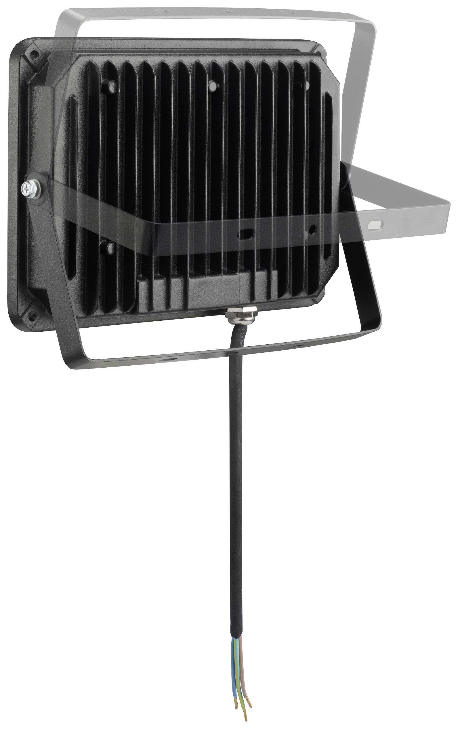 Schwarzer LED-Strahler mit Kühlrippen und Halterung, hinten sichtbar mit losem Stromkabel.