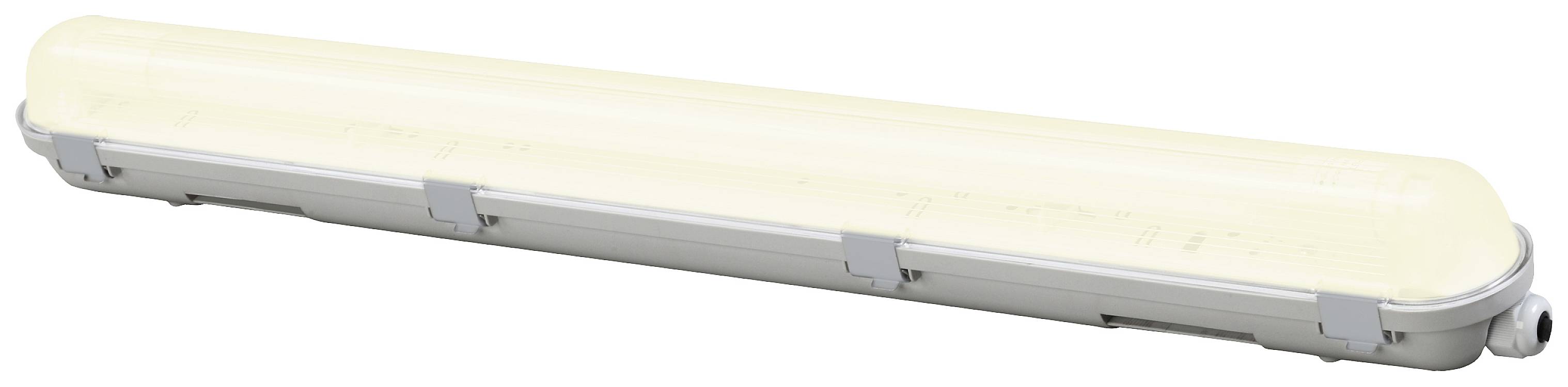 LED-Leuchte mit weißer Abdeckung und grauem Gehäuse, horizontal orientiert. Häufig in industriellen oder gewerblichen Umgebungen genutzt.