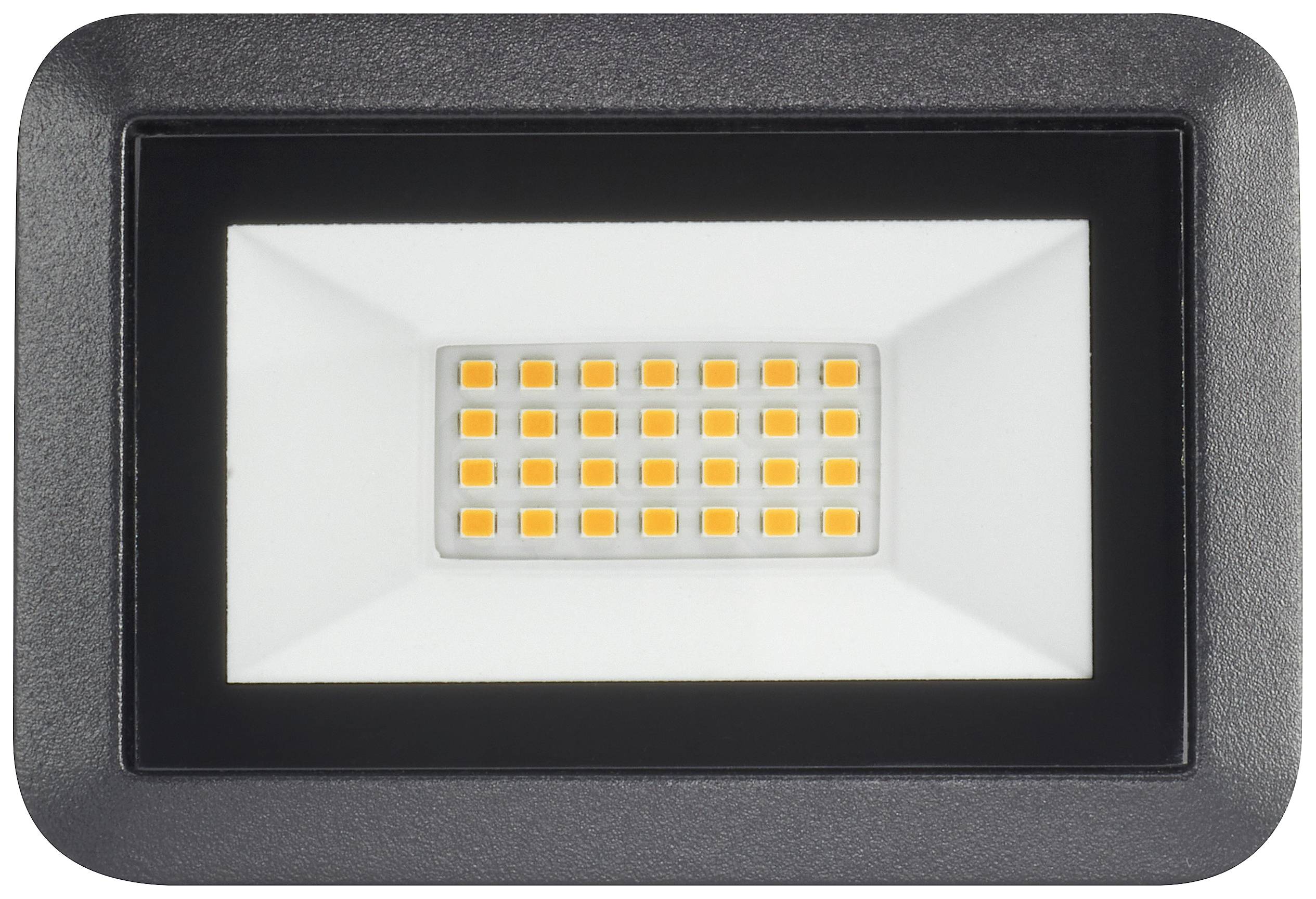 Ein rechteckiger LED-Strahler mit schwarzem Rahmen und einem Raster von 25 gelben LED-Leuchten in der Mitte.