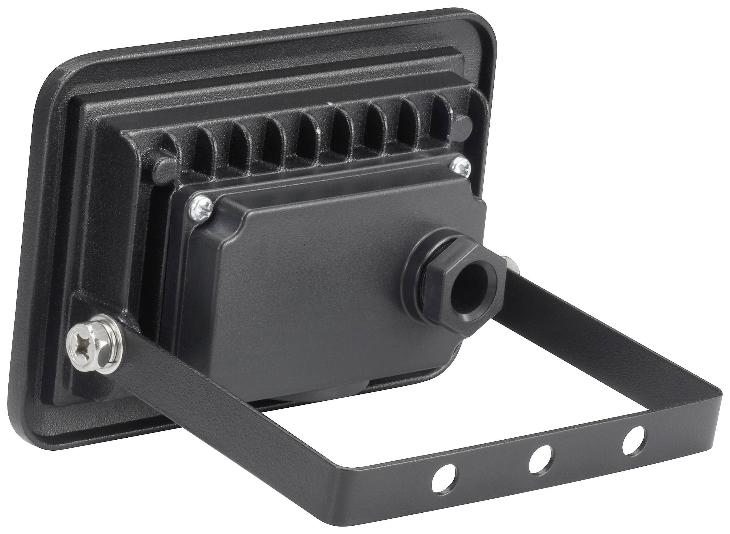 Ein rechteckiger, schwarzer LED-Strahler mit Befestigungsbügel. Rückseite und Anschluss sind sichtbar.