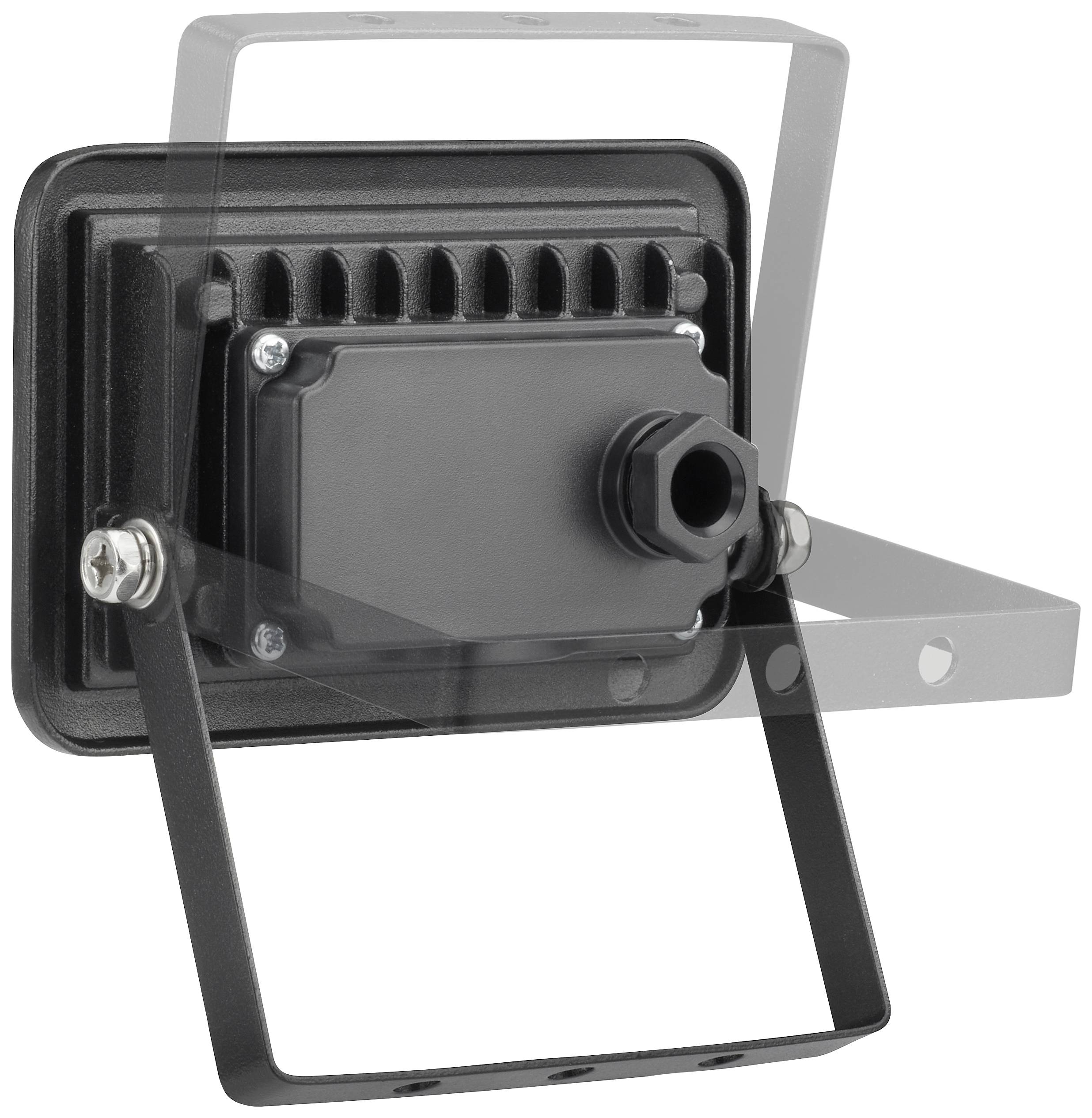 LED-Flutlicht, rückseitige Ansicht. Zeigt ein schwarzes Gehäuse mit Montagehalterung, schwenkbar. Ideal für Außenbeleuchtung.