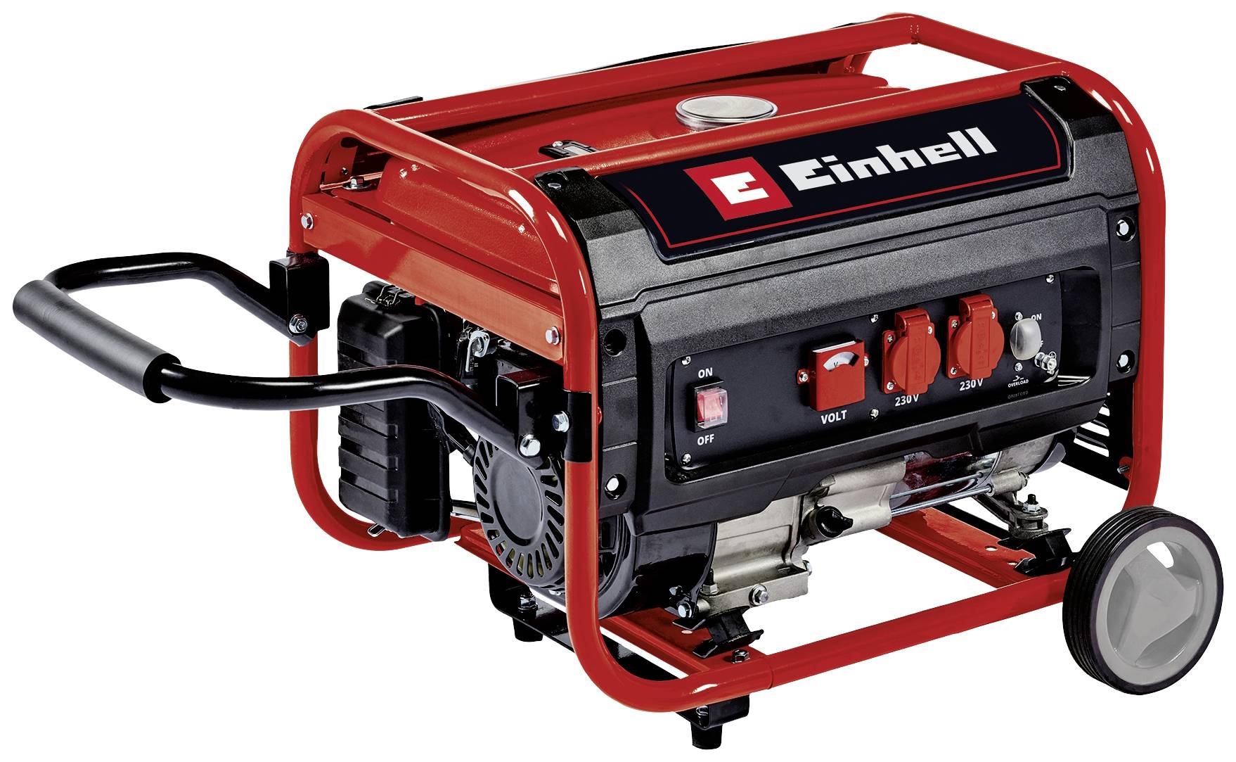 Tragbarer Einhell-Generator in Rot und Schwarz mit verschiedenen Schaltern und Anzeigen für den Gebrauch im Freien.