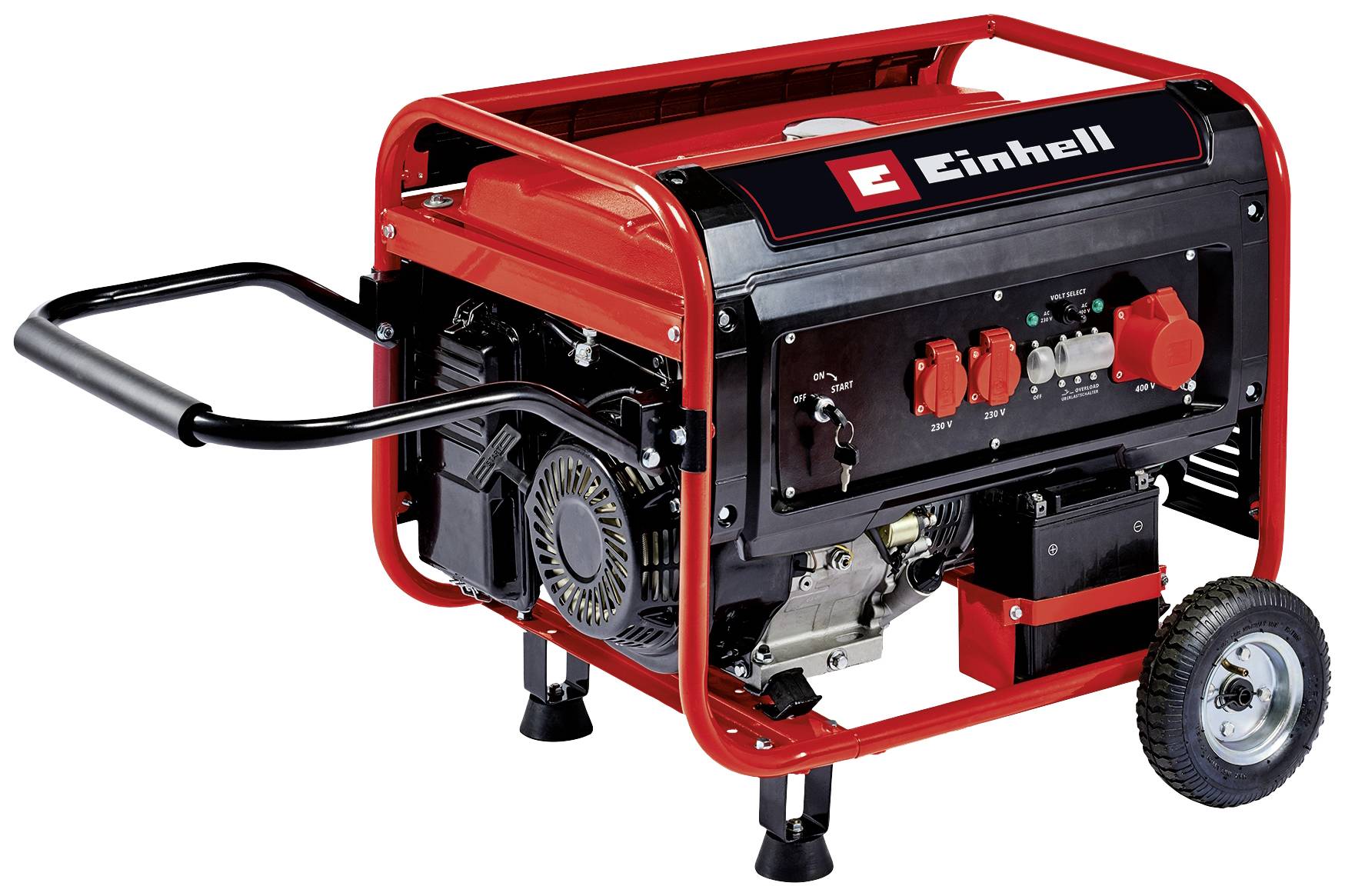 Ein tragbarer, roter Generator mit zwei Rädern und Griffen, ausgestattet mit mehreren Steuerknöpfen und einem Motor.